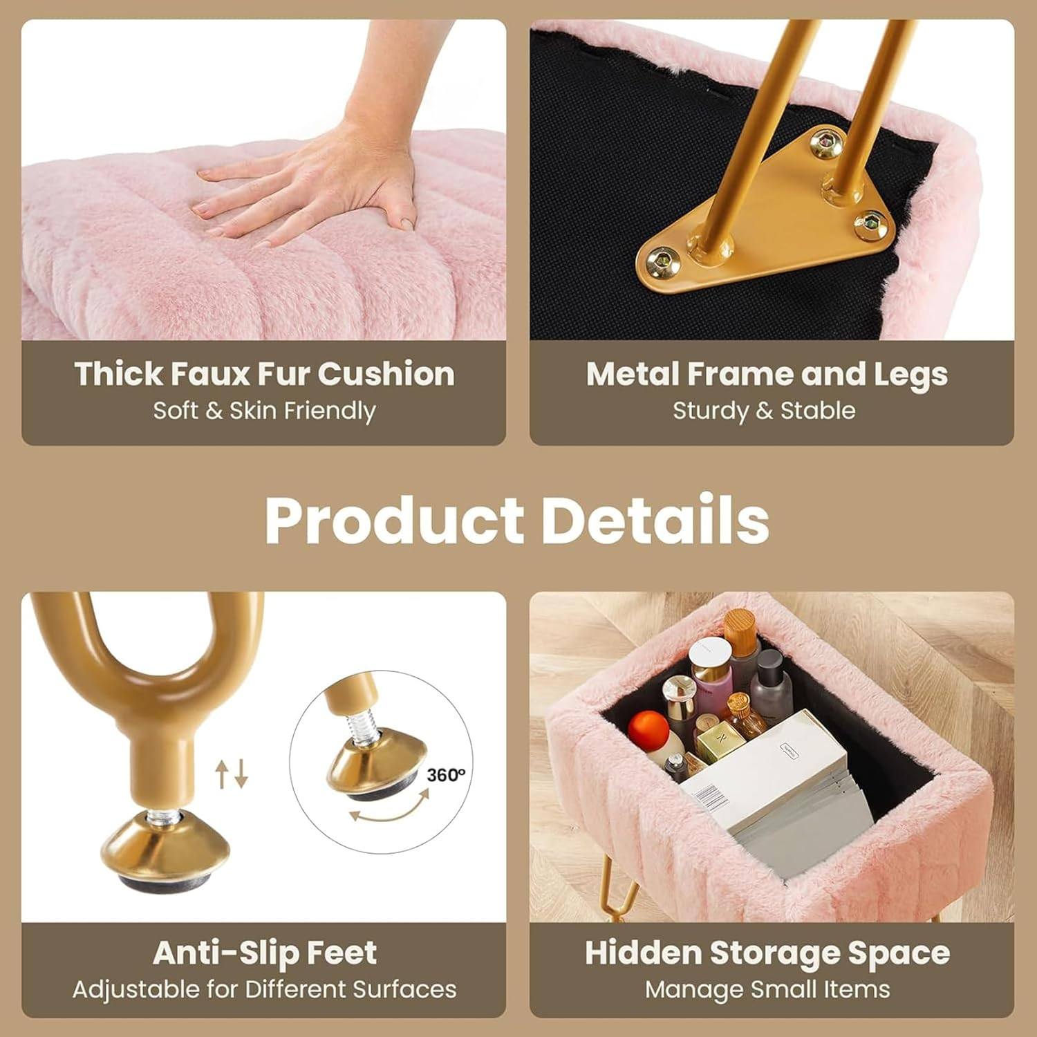 Pink Vanity Stool Chair, Faux Fur with Storage Vanity Stool with 4 Metal Legs, Modern Vanity Chair for Makeup Room and Bedroom, 40 * 30 * 50Cm image number 6