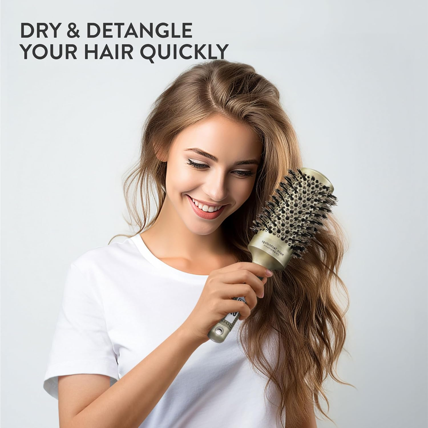 H&S round Hair Brush - ⌀ 85Mm (3.3") - Natural Boar Bristle Hairbrush for Blow Drying and Quiff Styling - Small Circlular Roll Brush for Women and Men - Gold image number 1