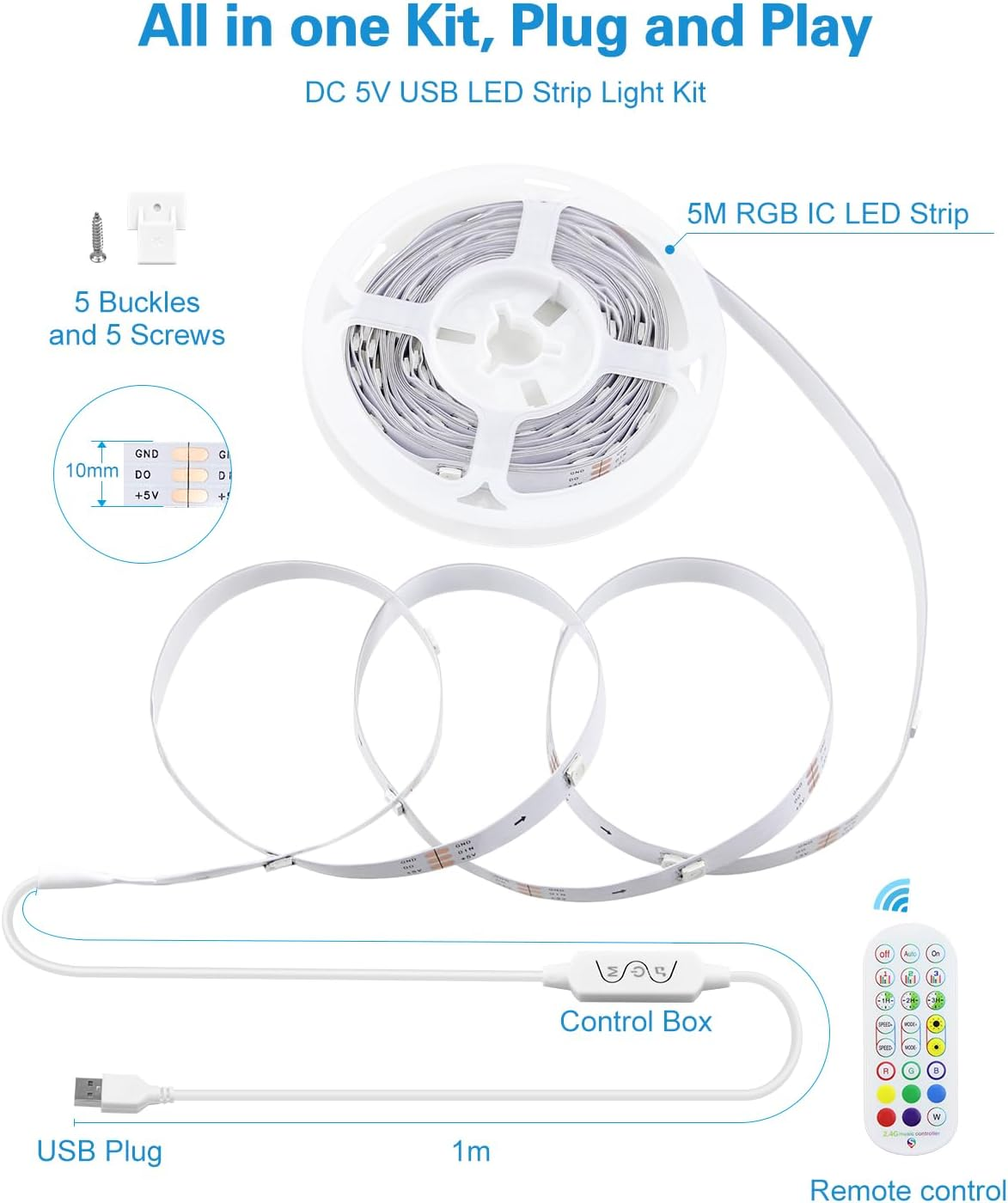 ALITOVE 5M RGB IC LED Strip Light 16 Million Colors Changing DC USB LED Light for TV Backlight with Music Sync Bluetooth APP Control LED Lights Strip for Bedroom Party Christmas Decor image number 5