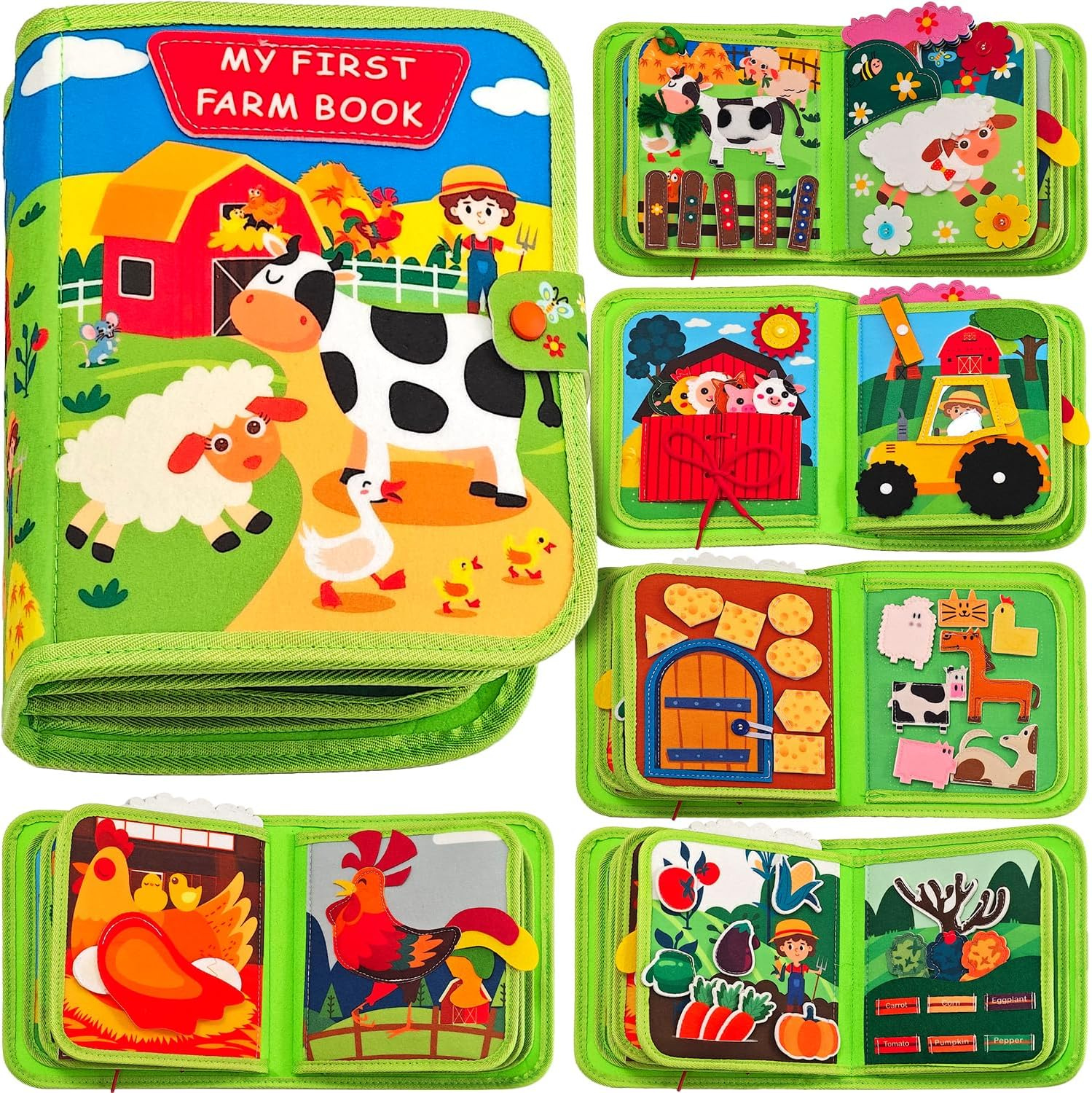 Busy Book for Toddlers, Montessori Toys Busy Board Felt Quiet Book, Educational Quiet Activity Books, Sensory Toy for Kids Gift, 3D Farm Montessori Board Sensory Toy, Green