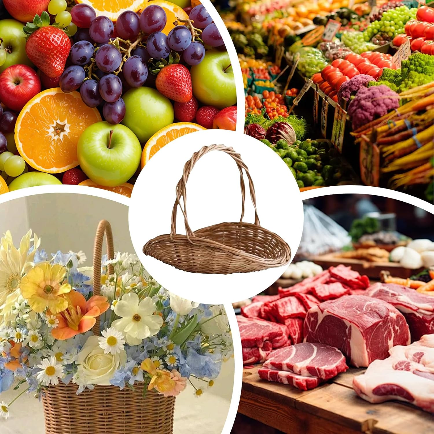 Wicker Flower Basket | Wicker Rattan Basket with Handle - Large Food Containers Kitchen Accessories, Organization and Storage for Fruit Vegetable Party Supplies image number 5