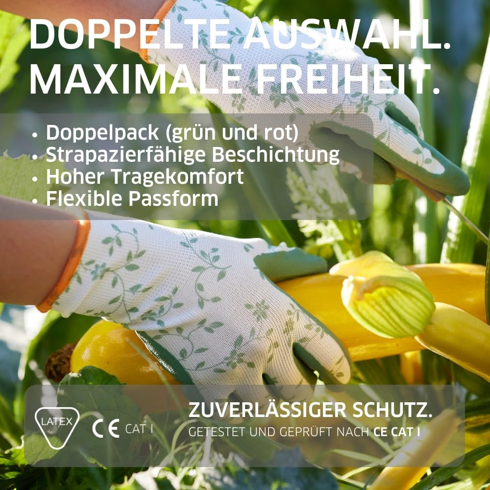 Gebol Flower Duo Women'S Gardening Gloves, Work Gloves with Latex Coating and Floral Pattern, Breathable with Grip for Garden & Assembly, Size S (Size 7), Red/Green, 2 Pairs image number 3