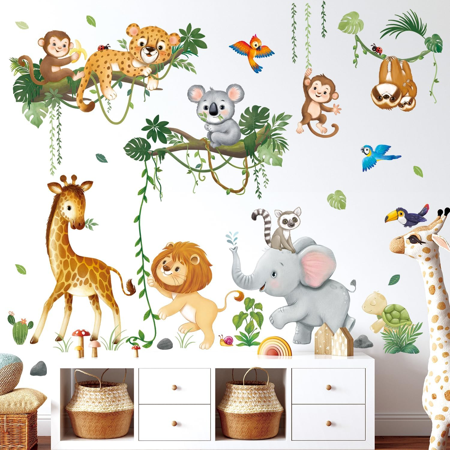 DECOWALL SG2-2501 Jungle Animal Wall Stickers Safari Tree Branch Removable Peel and Stick Nursery Decals Baby Kids Room Home Decor Giraffe Lion Elephant Monkey image number 3
