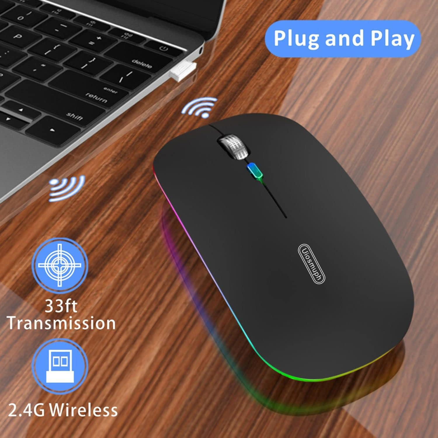 Uiosmuph LED Wireless Mouse, G12 Slim Rechargeable Silent Mouse, 2.4G Portable USB Optical Computer Mice with USB Receiver and Type C Adapter (Matte Black) image number 3