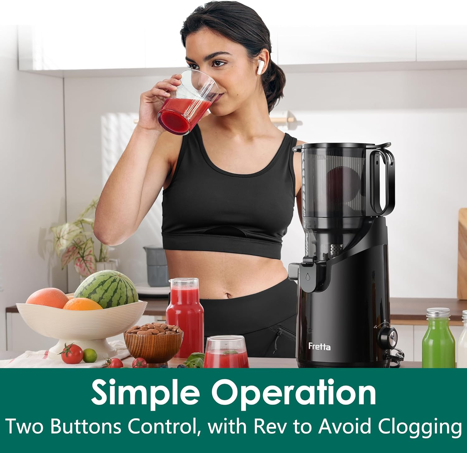 Fretta Cold Press Juicer,Masticating Slow Electric Juicer Machines with 250W Powerful Motor,1.8L Large Capacity & 135Mm Wide Chute,Fit Whole Fruit & Vegetable Juicing, Bpa-Free,High Yield, Black image number 2