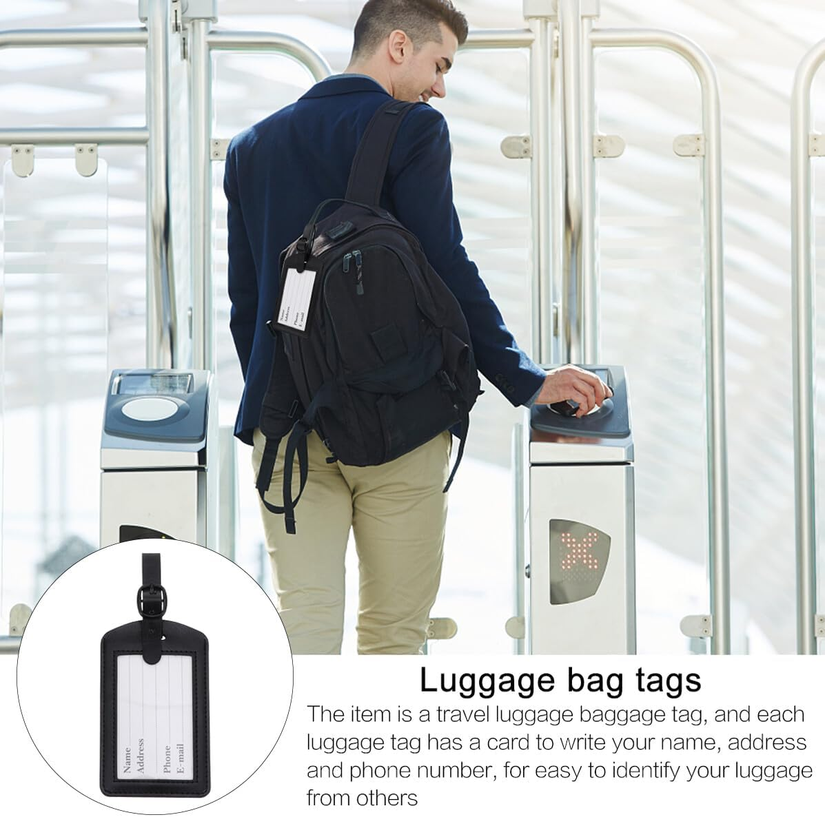 JEWEDECO 5Pcs Leather Pu Luggage Tags Boarding Pass Style Black Suitcase Id Labels Travel Accessories for Suitcases and Bags image number 1