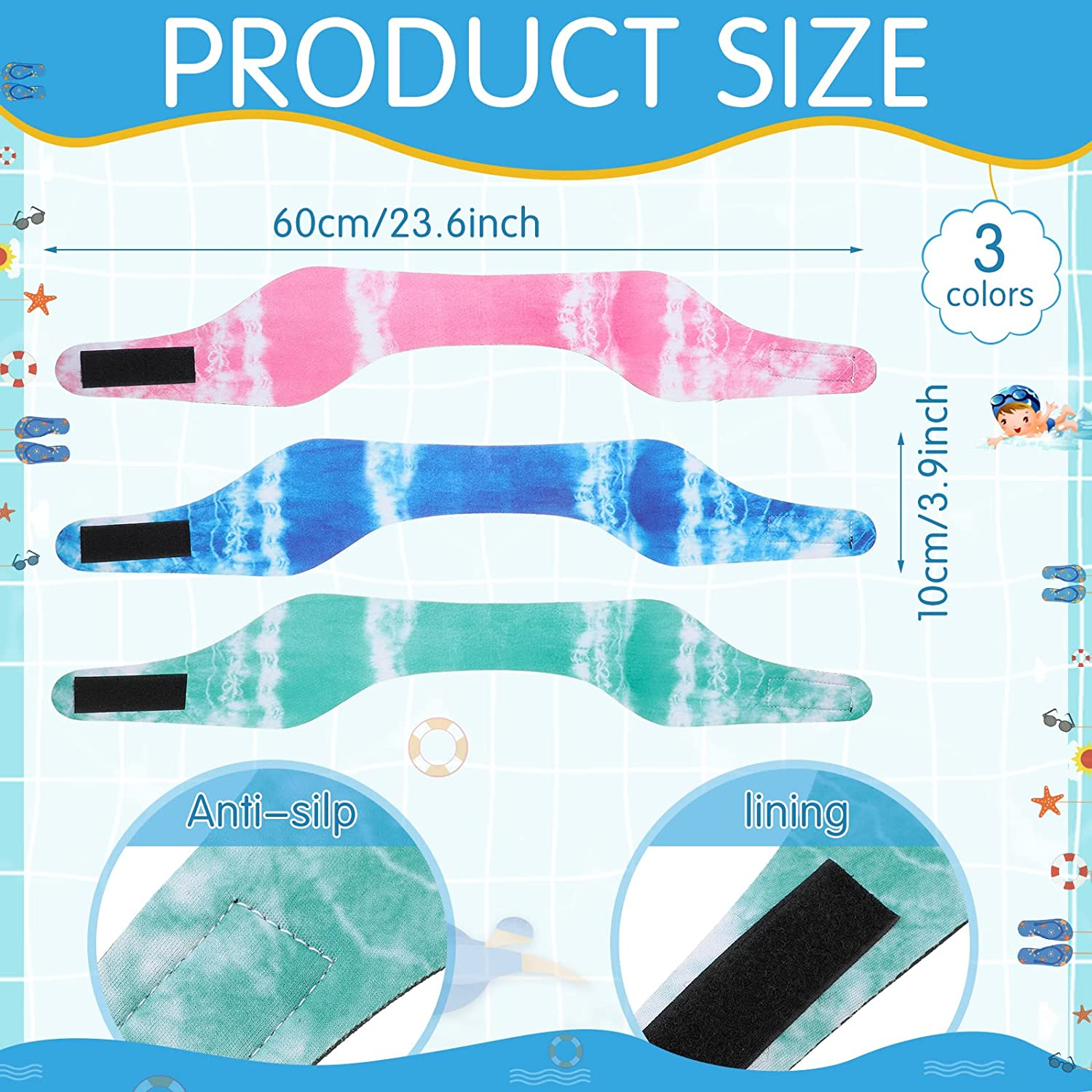 3 Pieces Swimming Headband Waterproof Swim Ear Band Elastic Ear Protection Band for Swimmers Adult Men Women Kids Block Water Secure Earplugs Water Protection Bath Shower Pool Beach (Tie Dye Style) image number 2
