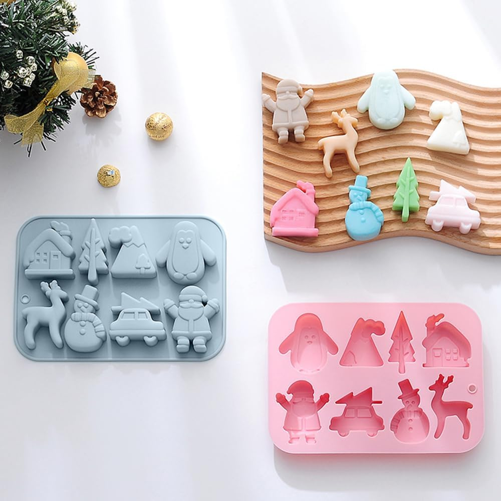 Christmas Silicone Chocolate Mold, 2 PCS Candy Baking Mold, 3D Snowflake Snowman Christmas Tree Elk Santa Claus Gift Box Shape Mold DIY Handmade Soap Candle Jelly Fudge