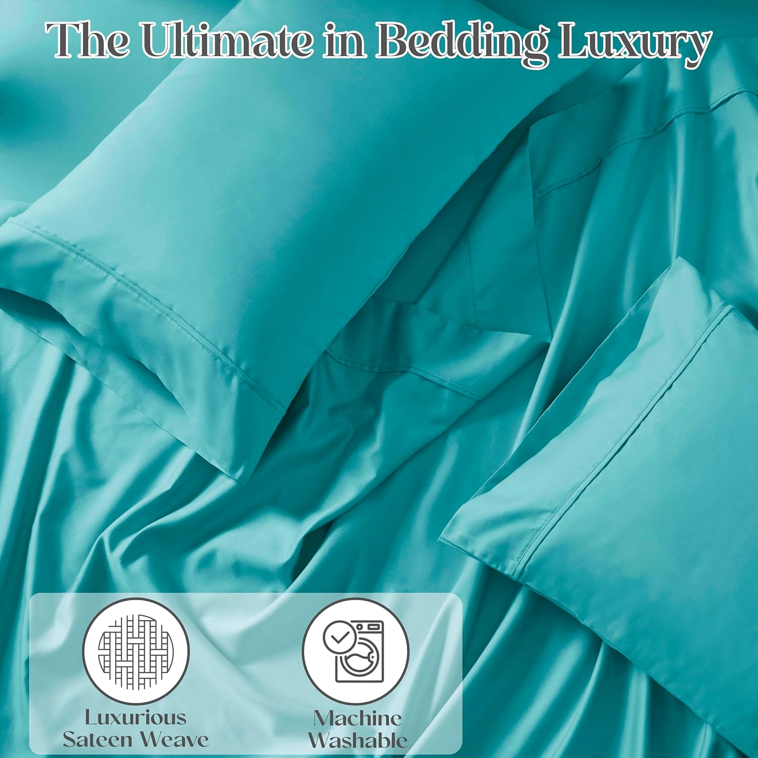 Superior 1500 Thread Count Cotton Rich Sheet Set, Heavyweight Daily Bedding, Modern Decor, Includes 1 Elastic Deep Pocket Fitted Bedsheet, 1 Flat Sheet, 2 Pillowcases, Queen, Teal - Light Blue image number 5