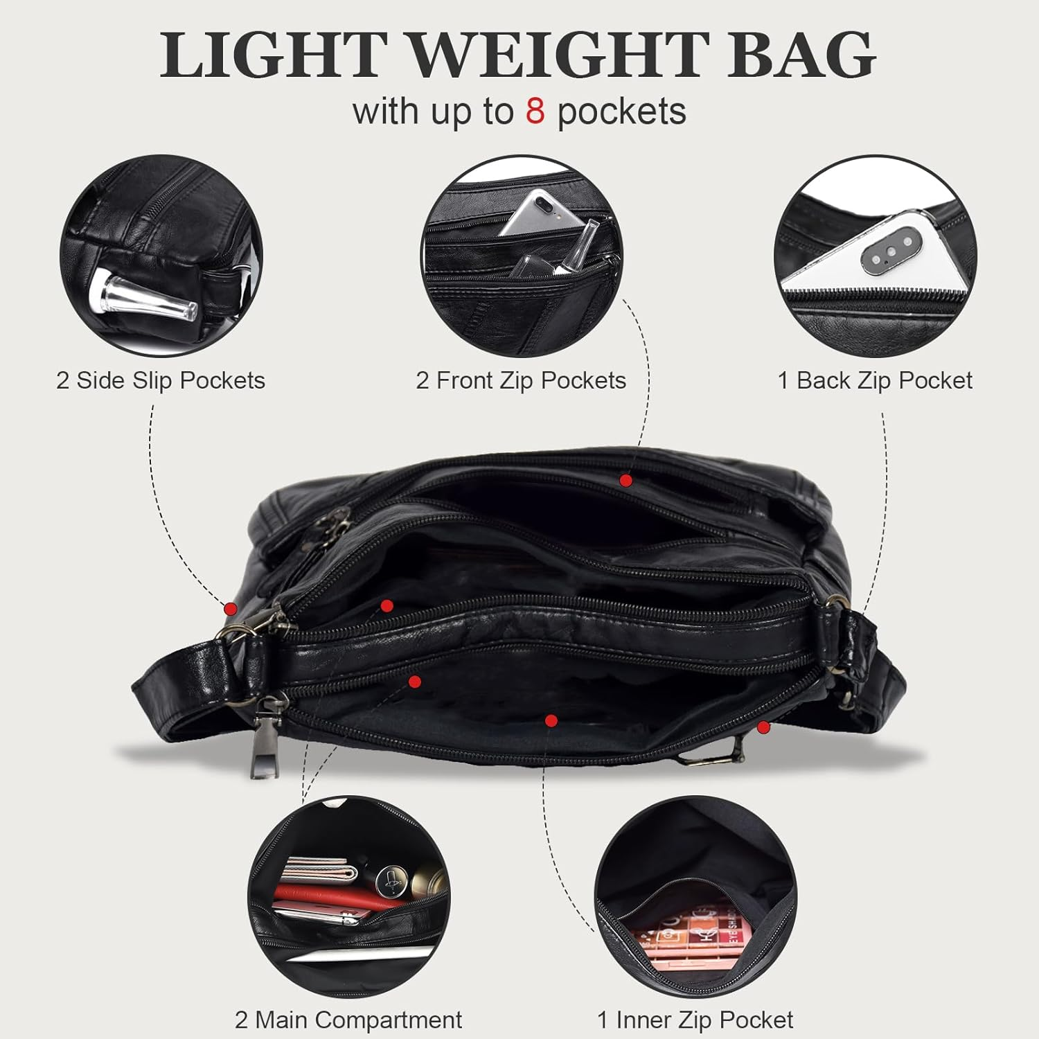 WITERY Small Crossboby Shoulder Bag for Women - Soft PU Leather Multi-Pocket Shoulder Handbags Pocketbooks Medium Purses - Black Style 2 image number 5