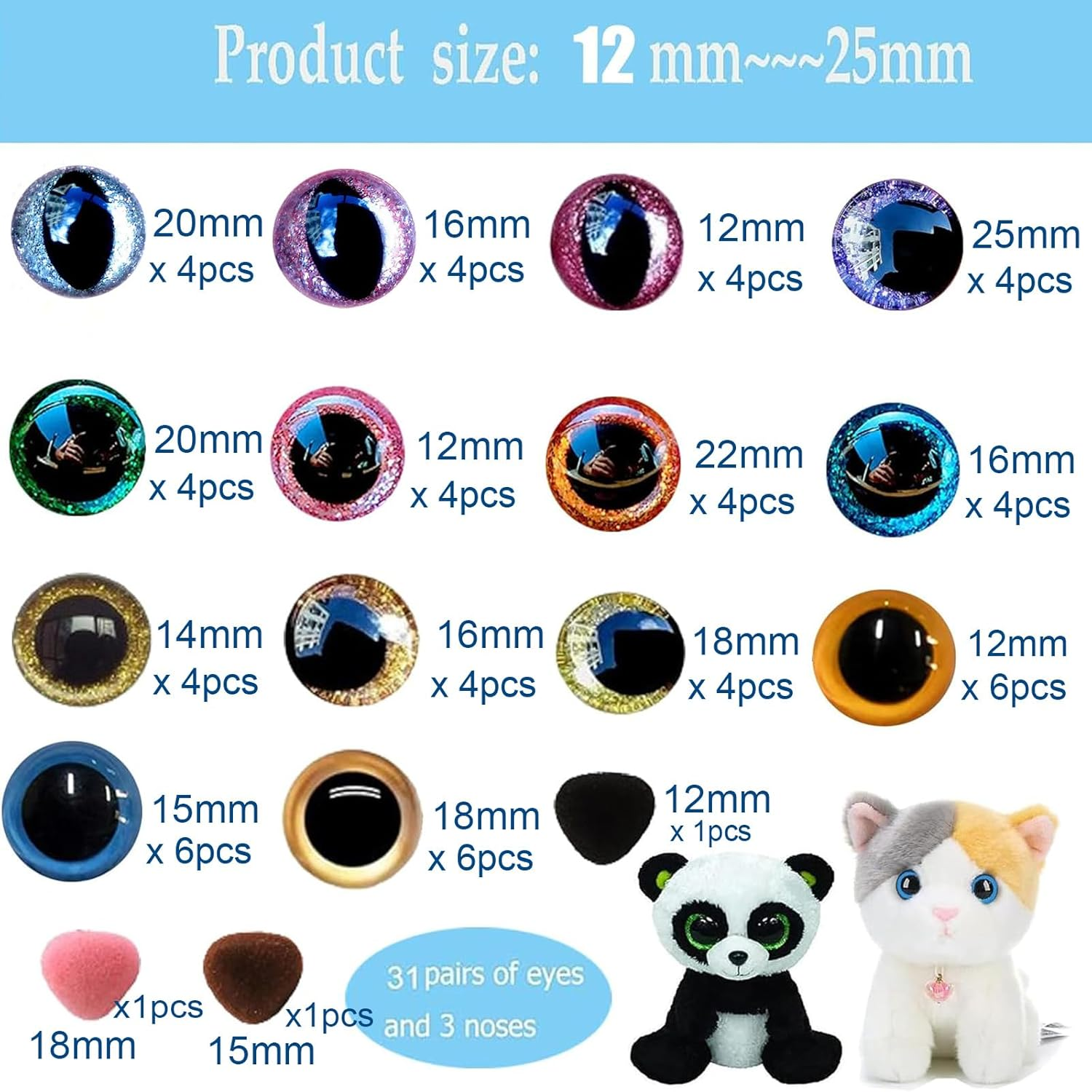 12-25Mm ​Safety Eyes Crochet Kit, 65Pcs Assorted Color Plastic Animal Eyes with Glitter Washers for Amigurumi, Plush Toys, Teddy Bears & Puppet Making (8 Sizes, DIY Craft) image number 5