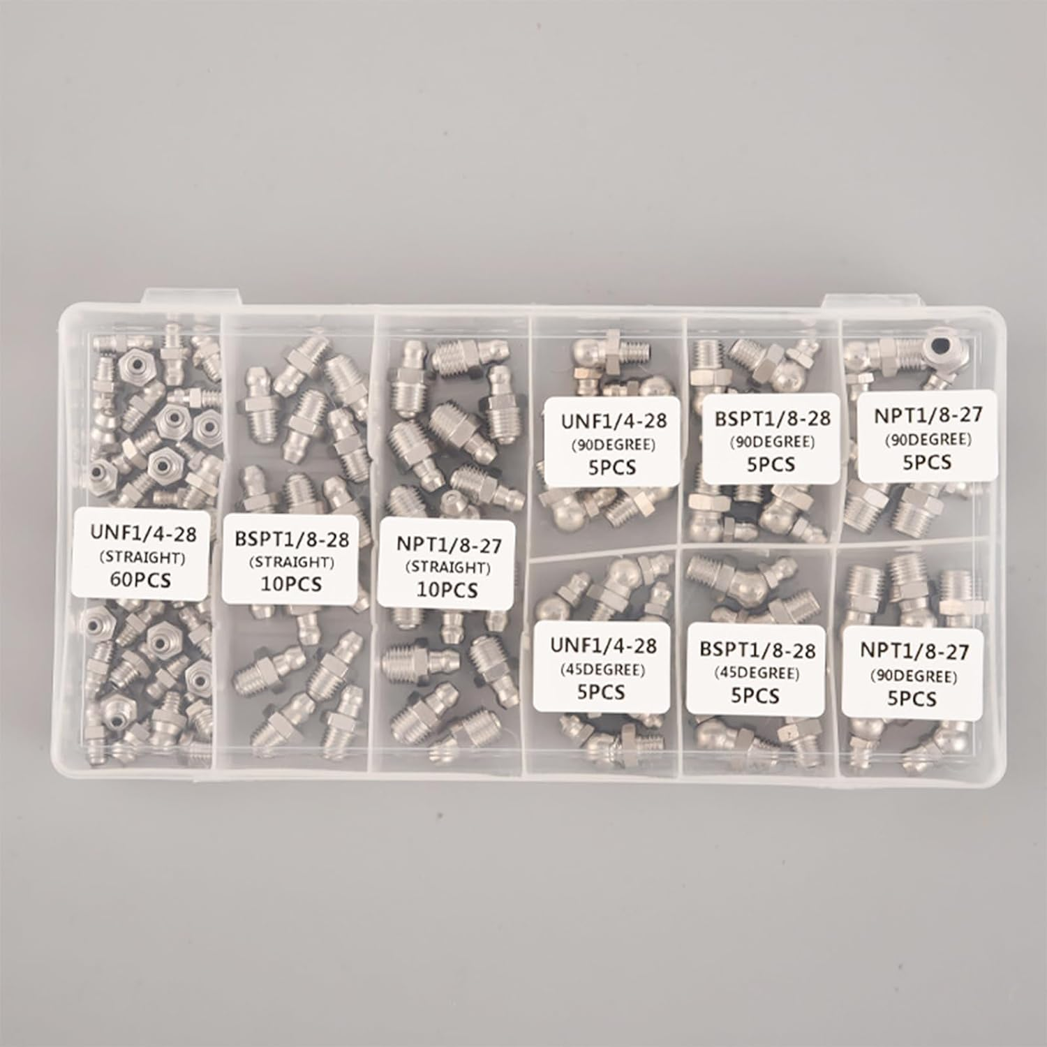 Acbbmns 220Pcs Metric & Imperial Hydraulic Grease Nipple Assortment Kit 1/4" 1/8" M6 M8 M10 Straight 45 Degree 90 Degree Angled Galvanized Steel Grease Fitting Set image number 5