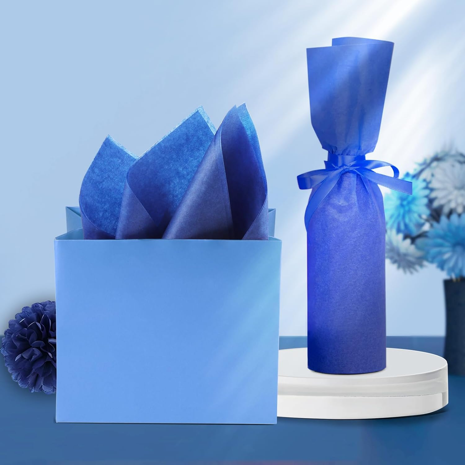 Fayrvind 60 Sheets Blue Tissue Paper Wrapping, 20"X14"Gift Wrapping Tissue Paper Bulk for Gift Bags Fill, Product Packaging Paper Sheets for Art Craft, Fathers Day Boy Man Project Pom Party Decoration