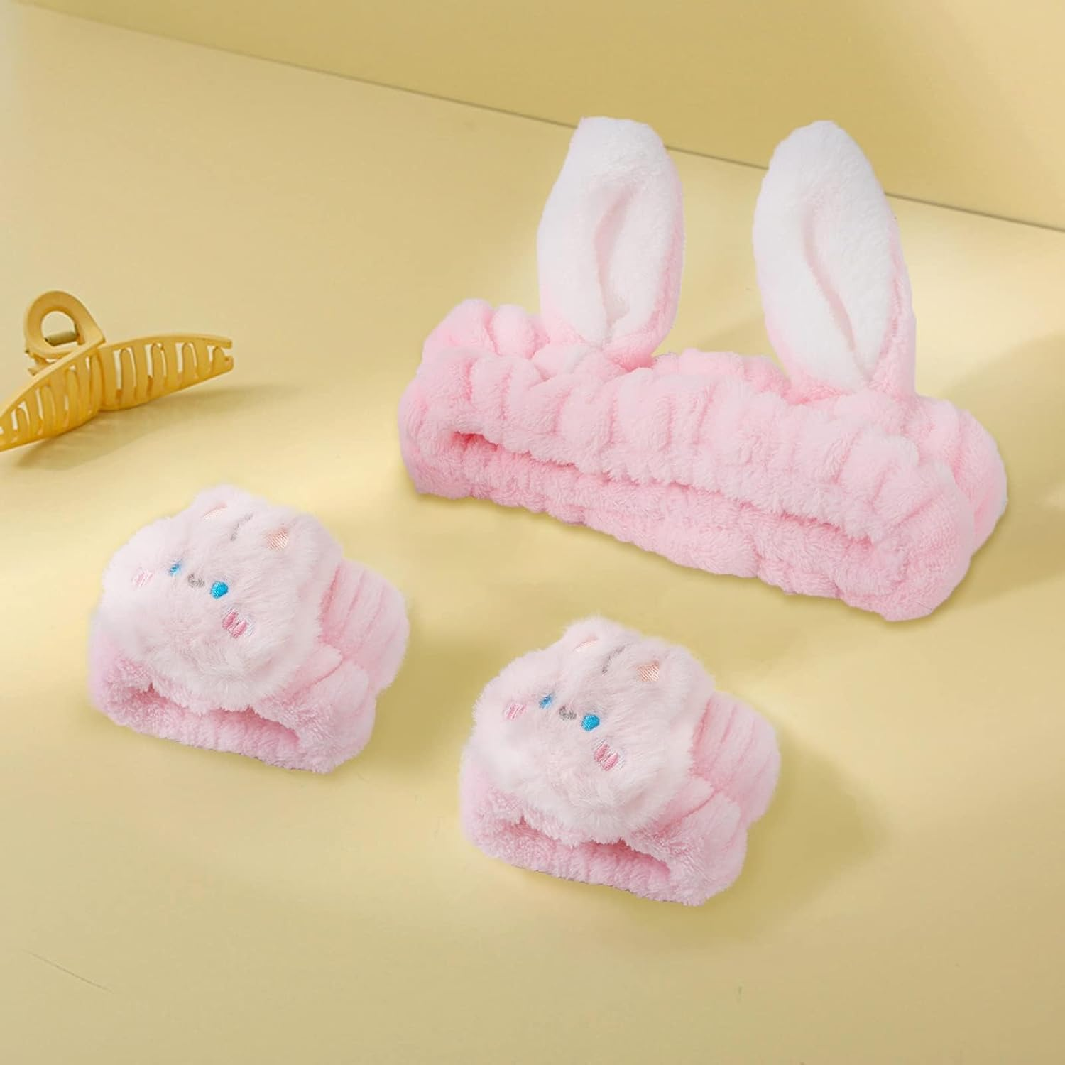 Wrist Wash Band with Hairband, Pack of 3 Bunny Ears Headband Make Up, Face Wash Headband, Pink, Headband Cosmetic Rabbit Ears for Spa, Yoga, Beauty