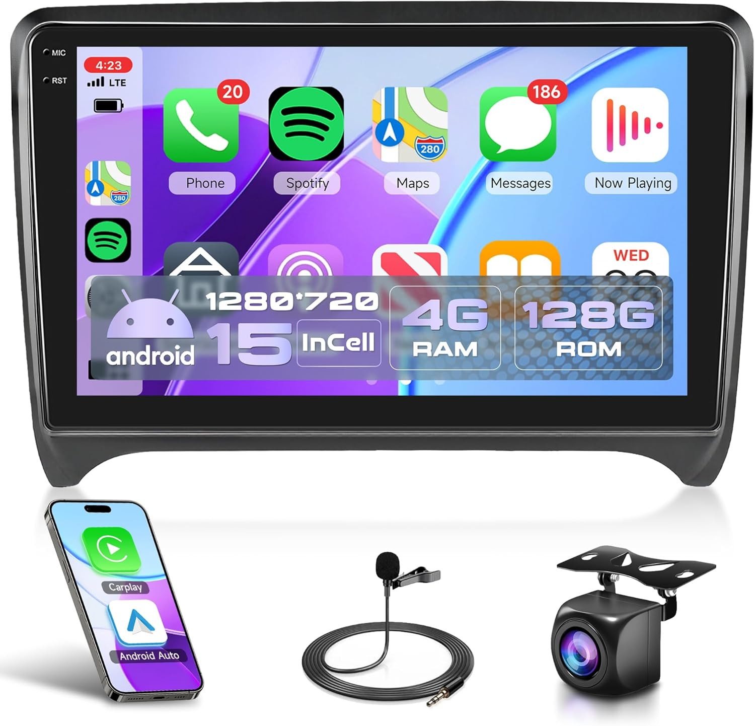 4G+128G Car Radio for Audi TT 2006-2014 Android 15 Car Stereo Wireless Carplay Android Auto, Rimoody 9'' HD Touchscreen Mirror Link GPS Navigation Wifi Bluetooth FM/RDS EQ-32 SWC Backup Camera image number 3