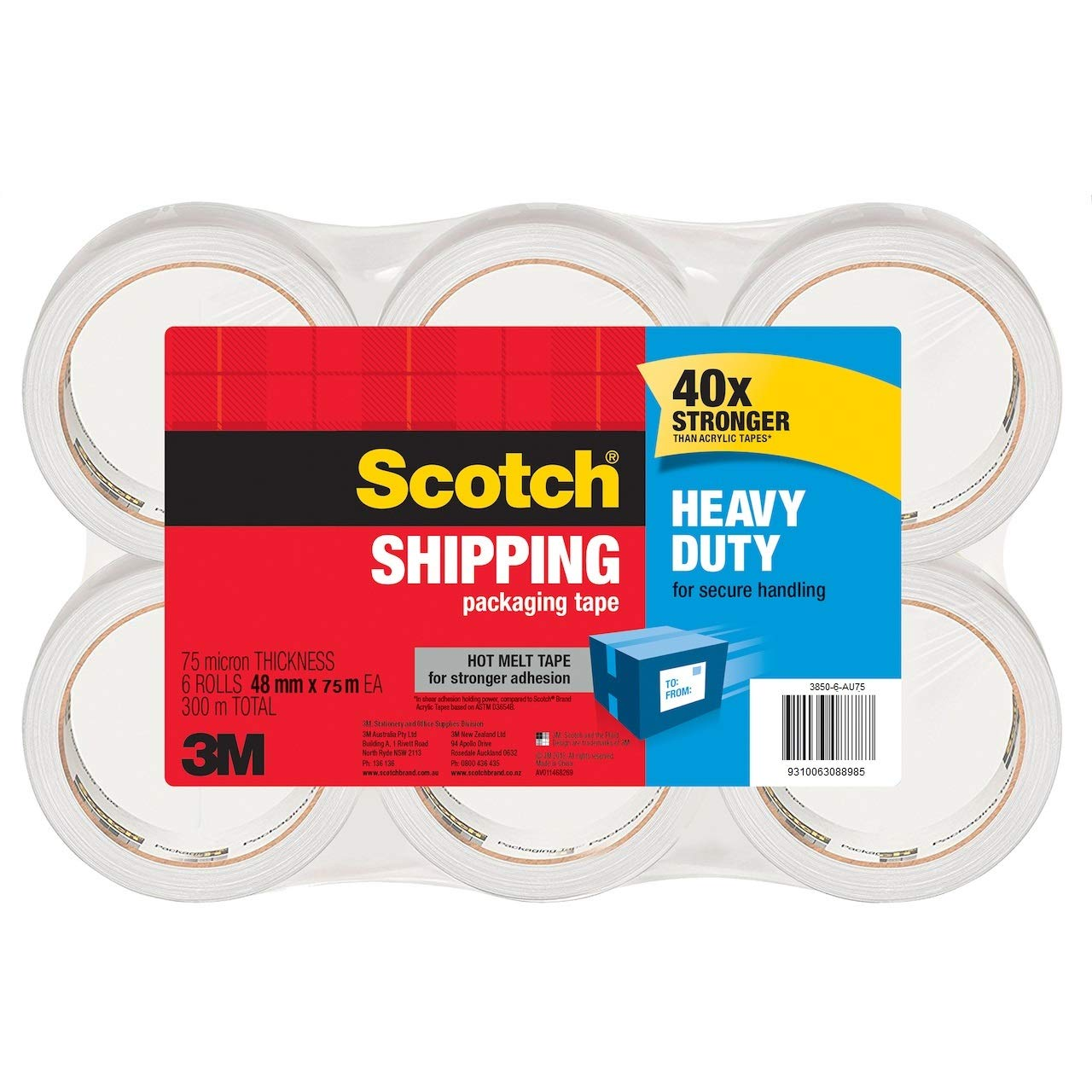 Scotch 3850-6-AU-75 Heavy Duty Shipping Packaging Tape, 48Mm X 75M, 3850-6-AU75, 6 Pack