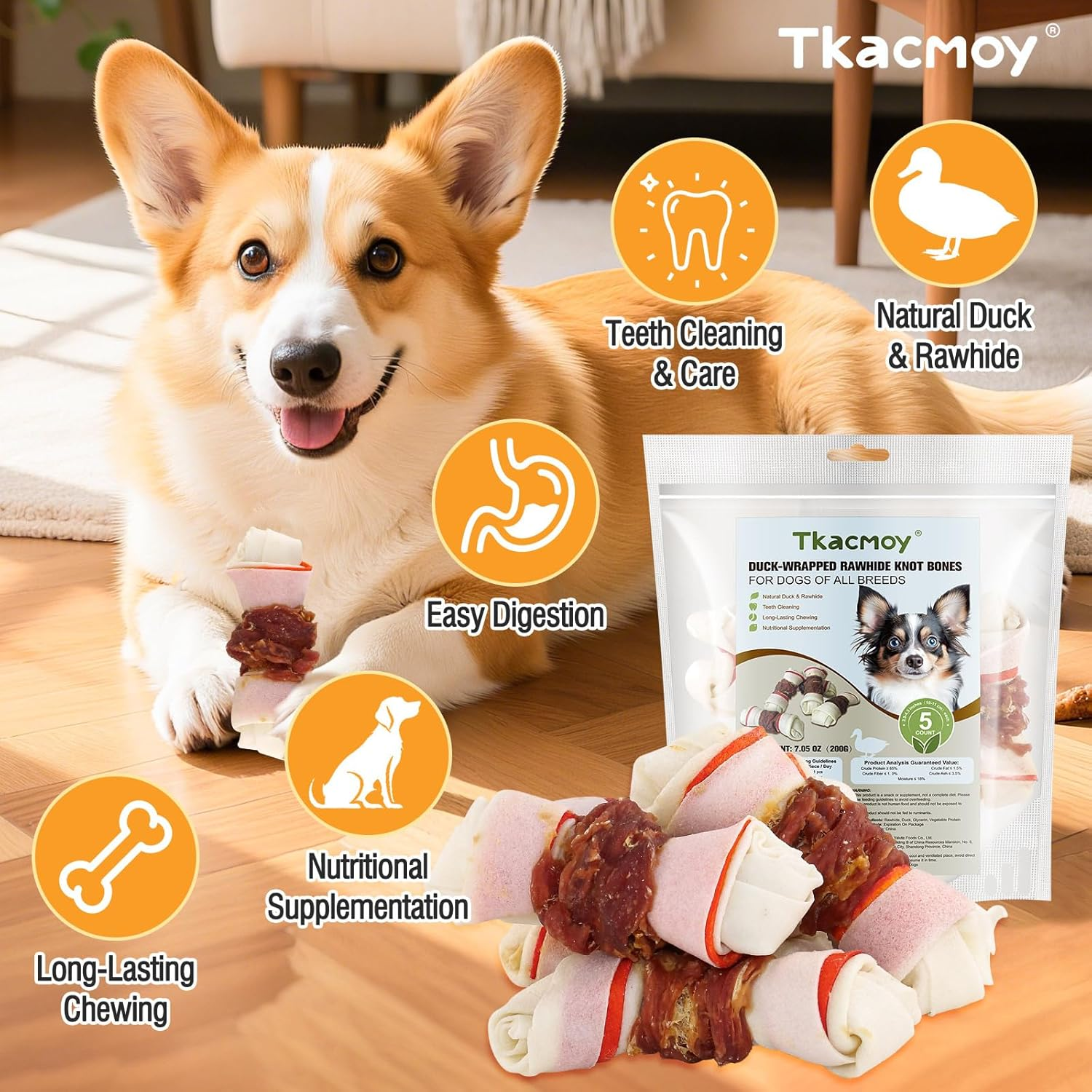 Duck Wrap Knotted Rawhide Bones, Long - Lasting Beefhide Dog Treats for Small to Large Dogs Training Treats, Real Duck Wrap Rawhide Promotes Dental Health 4.3" Pack of 5 7.05 Oz（200G） image number 6