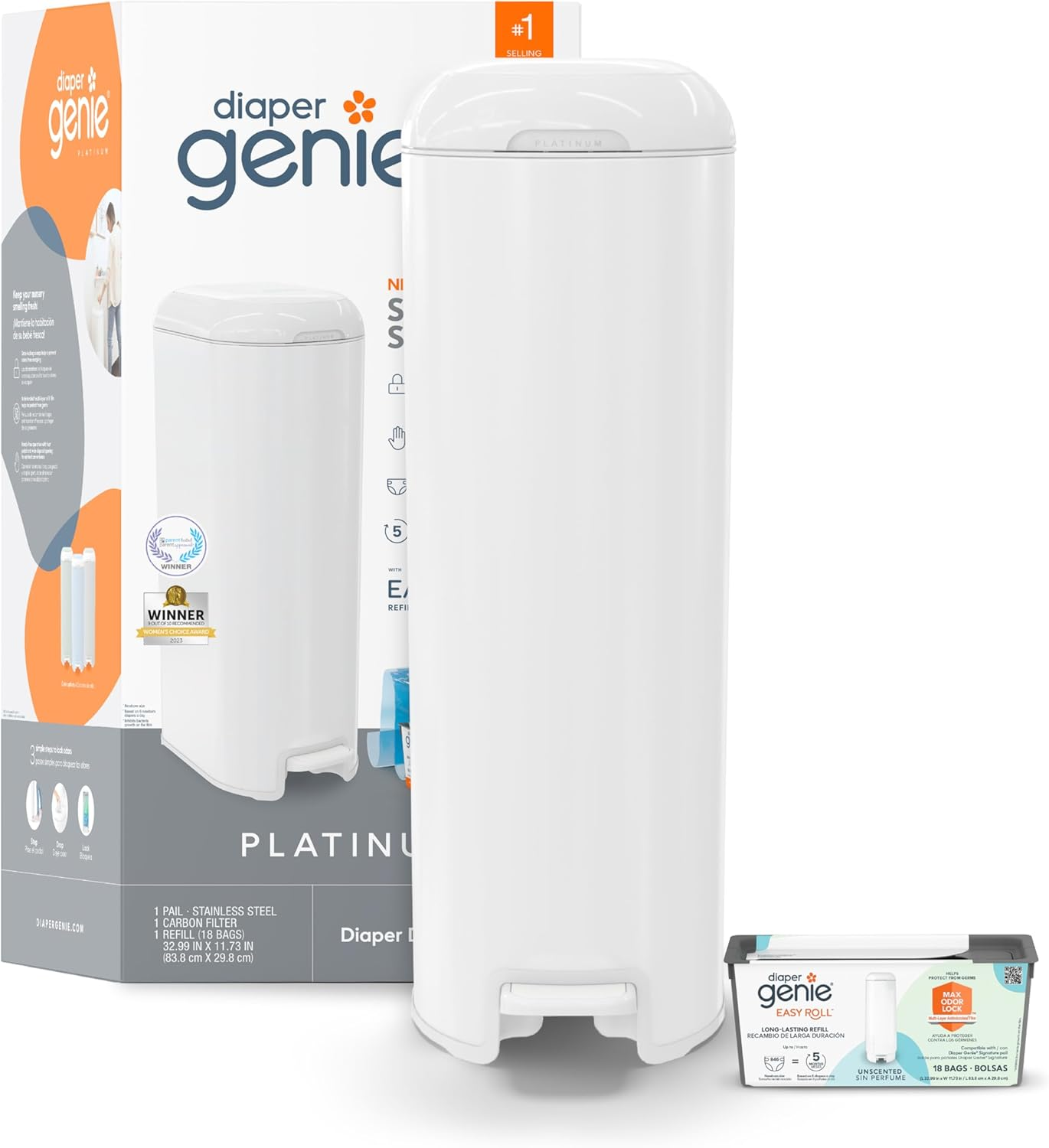Diaper Genie Platinum Pail (Glacial Blue) Is Made in Durable Stainless Steel and Includes 1 Easy Roll Refill with 18 Bags That Can Last up to 5 Months.