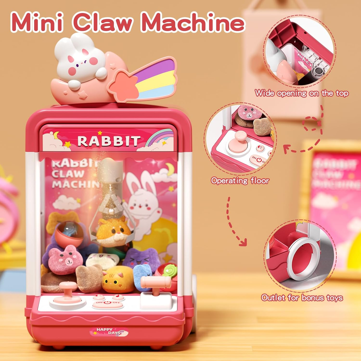 Kids Claw Machine, Mini Candy Vending Grabber, Prize Dispenser Toys for Girls and Boys, Electronic Claw Game Machine for Party Birthdays with Lights Sound, Includes 10 Plush and 10 Mini Toys image number 4