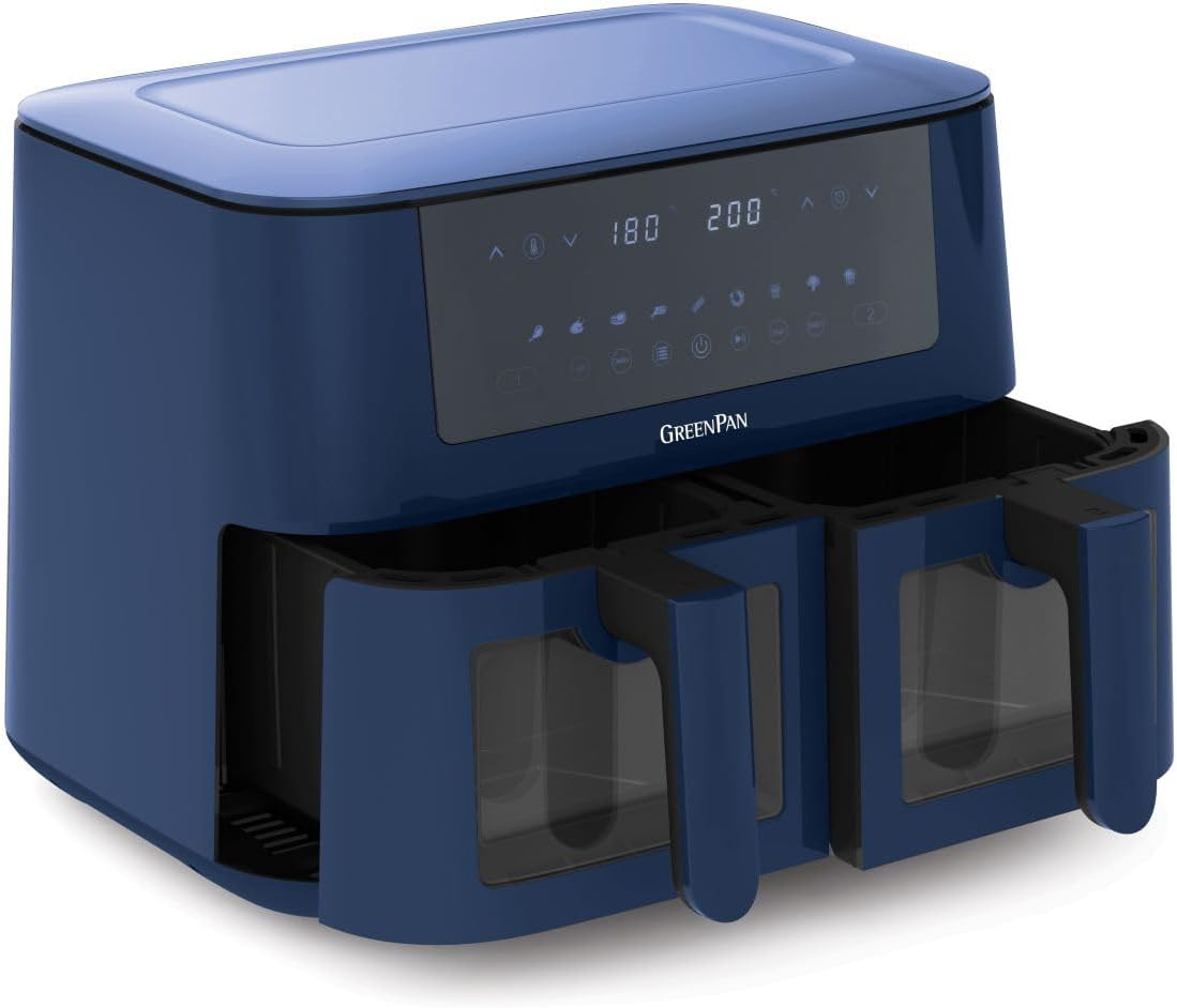 Greenpan Bistro Dual Zone Airfryer, Oxford Blue, Healthy Ceramic Non-Stick Coating, 2 X 4L Baskets, 9 One-Touch Presets