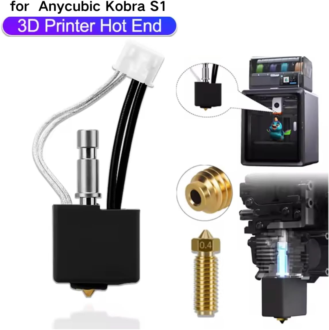 Kobra S1 Hotend for Anycubic, Hotend Heating Block Kit for Anycubic Kobra S1 S1C Hot End S1 Combo Brass Nozzle 0.4Mm Print Head 3D Printer Part image number 5