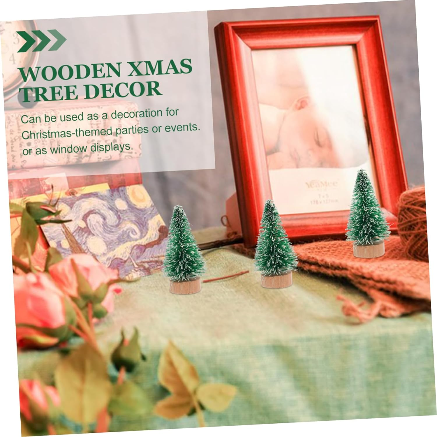 Mini Christmas Tree Decorations 24Pcs with Wooden Base Artificial Pine Trees for Desktop Fireplace Window Decor image number 2