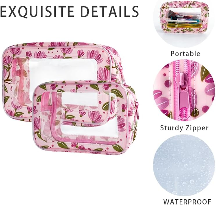 Transparent Waterproof Cosmetic Bag Made of PVC with Floral Pattern, 21 X 13.5 X 7 Cm, Travel Organiser for Day Care, Men and Women, Pink + Flowers, Modern
