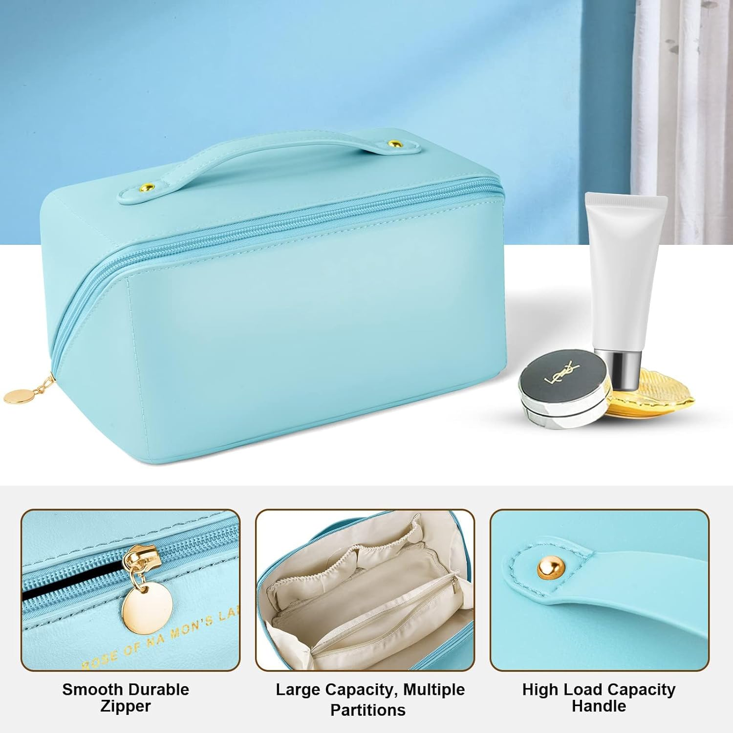 NAKODU Travel Makeup Bag,Large Capacity Cosmetic Bags for Women,Waterproof Portable Pouch Open Flat Toiletry Bag Make up Organizer with Divider and Handle (Blue)