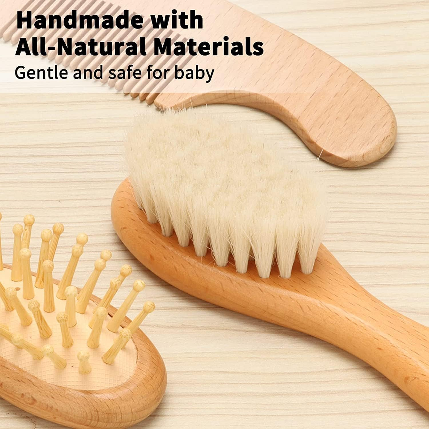 Baby Hair Brush Set, Wooden Comb Massage Scalp Comb Natural Goat Bristles 3-Piece for Newborns & Toddlers, Ideal for Cradle Cap & Itching, Perfect Shower and Registry Gift