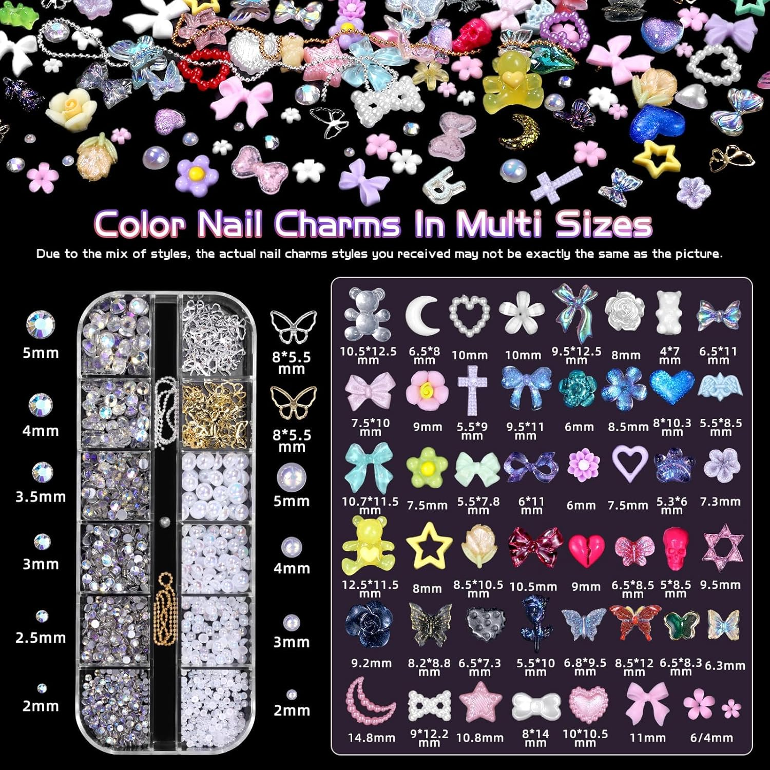 3D Nail Charms Set, Color Butterfly Blossom Flower Bow Moon Heart Star Nail Art Charms, Half round Pearl+Flatback Gems Ab+Hollow Butterfly Alloy Nail Charms DIY Nail Art Supplies Accessories image number 1