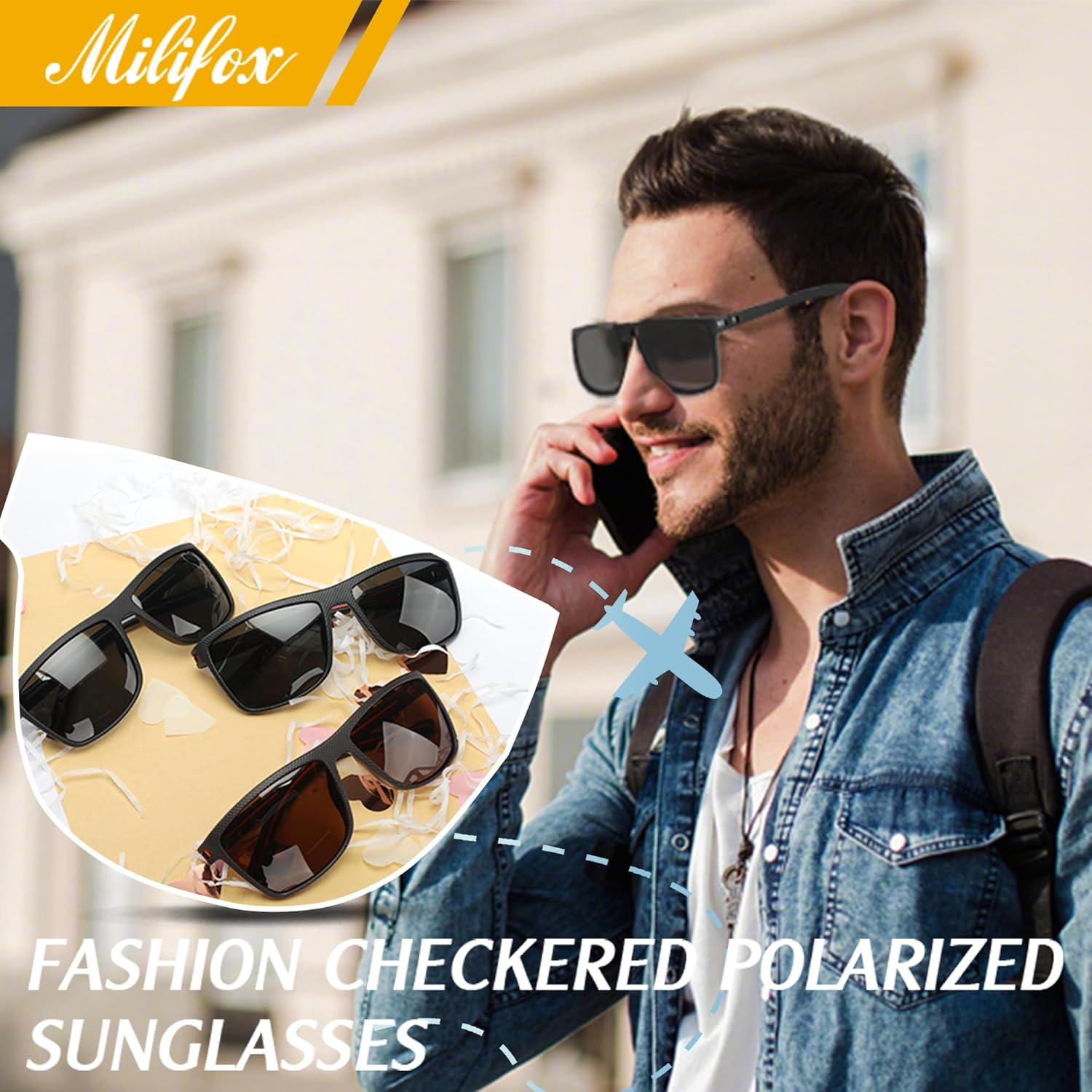 Polarized Sunglasses Plaid Frame UV400 for Men and Women Sun Glasses Outdoor Durability Comfortable with Uv Protection - Black Frame Red Line Gray Lens image number 6