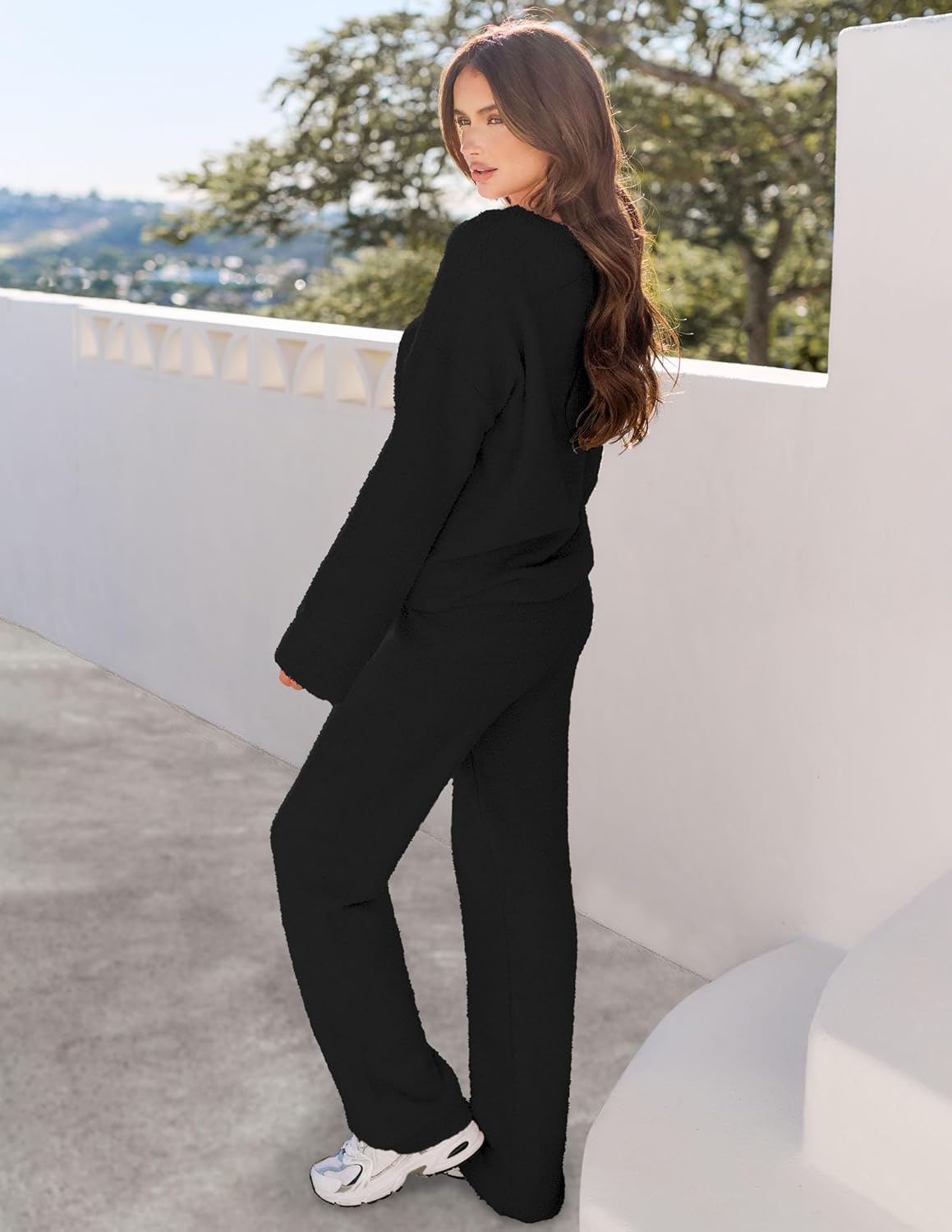 MEROKEETY Women'S 2 Piece Outfits Fuzzy Fleece Pajama Set Long Sleeve Top Wide Leg Pants Loungewear