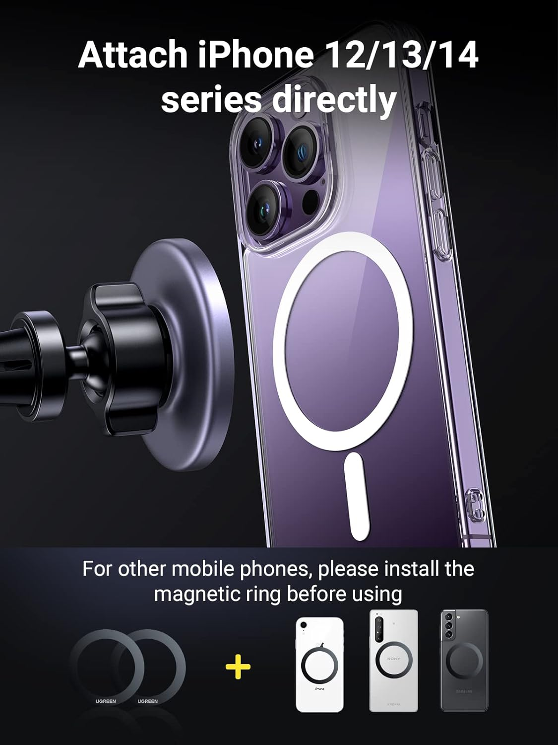 UGREEN Magsafe Car Mount, Magsafe Phone Car Holder, Air Vent 360&deg; Adjustable Magnetic Phone Holder, Strong Magnet, Easily Install, Compatible with Iphone 16 Pro Max and Phones with Magsafe Case image number 2