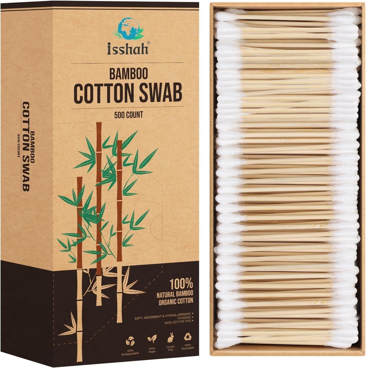 Bamboo Cotton Swabs - 500 Count - Vegan Cotton Swabs, Eco Friendly Double Tips, Plastic Free Ear Sticks, All Natural 100% Biodegradable Organic Cotton Buds By