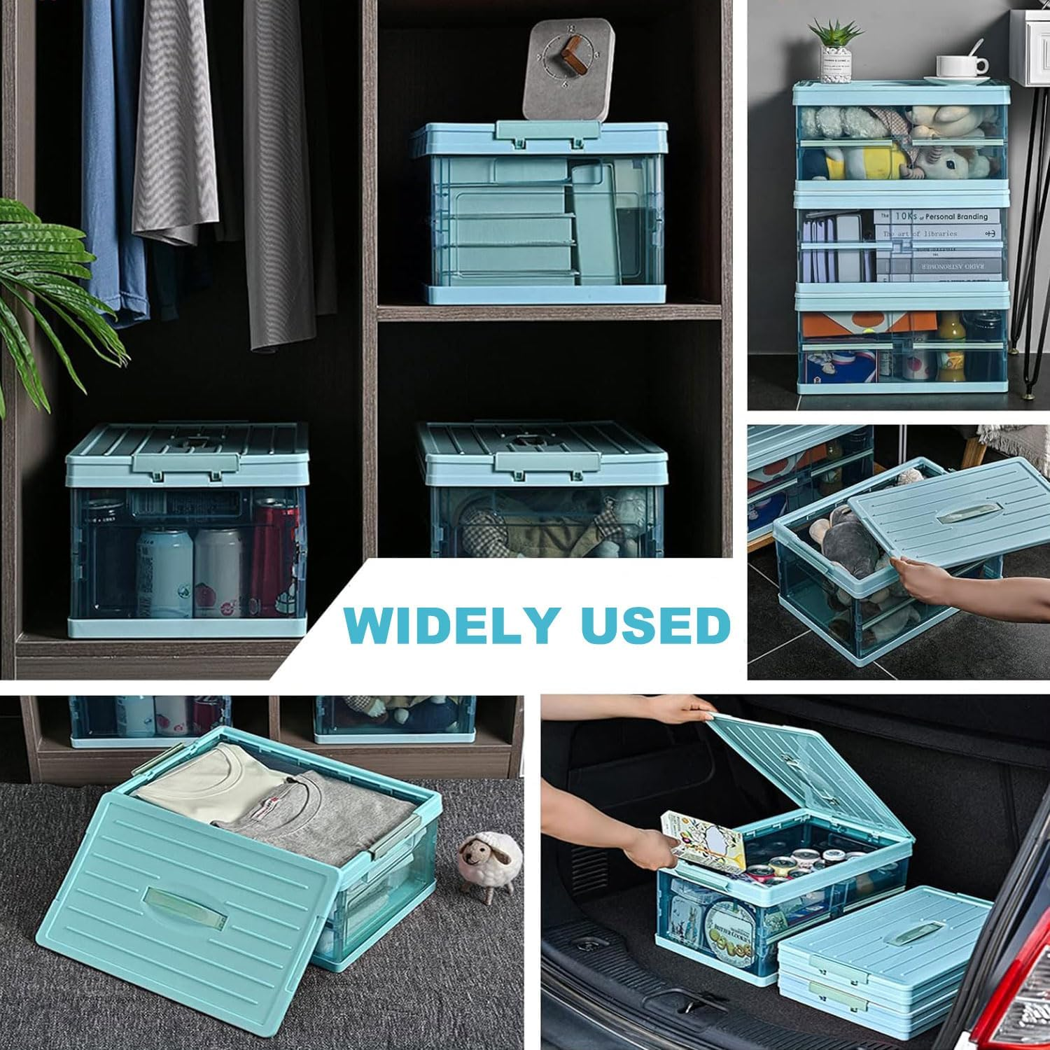 Clear Foldable Storage Bins with Lids Plastic Collapsible Box, Stackable Clear Latch Storage Box with Handle, Folding Plastic Containers, Folding Latching Crate for Closet Home Kitchen Car Trunk, Blue image number 4
