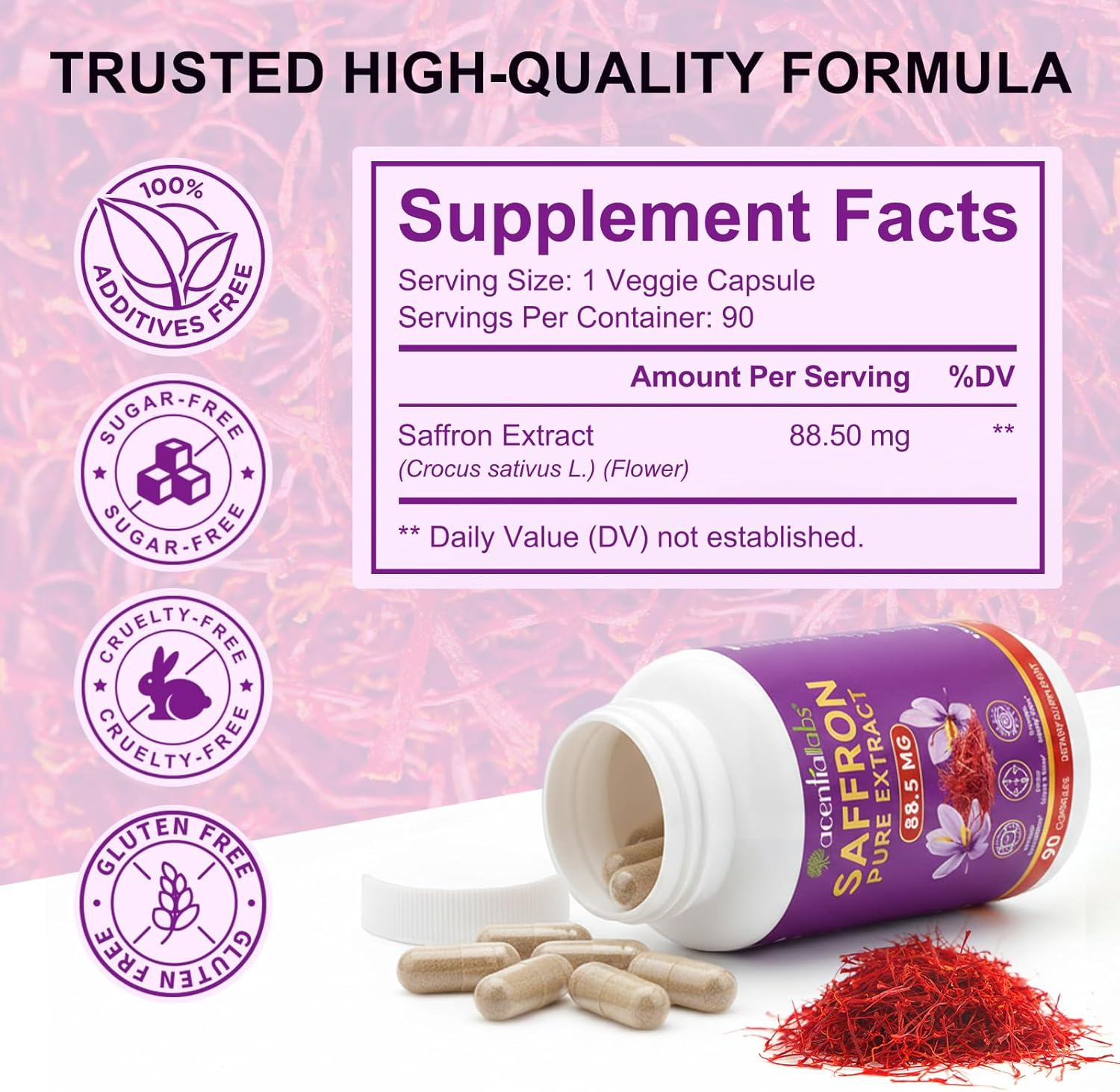 Saffron Pure Extract Capsules | Saffron Supplement 88.5Mg | Vegan, Non-Gmo, Gluten-Free | 3 Month Supply | 90 Capsules image number 6