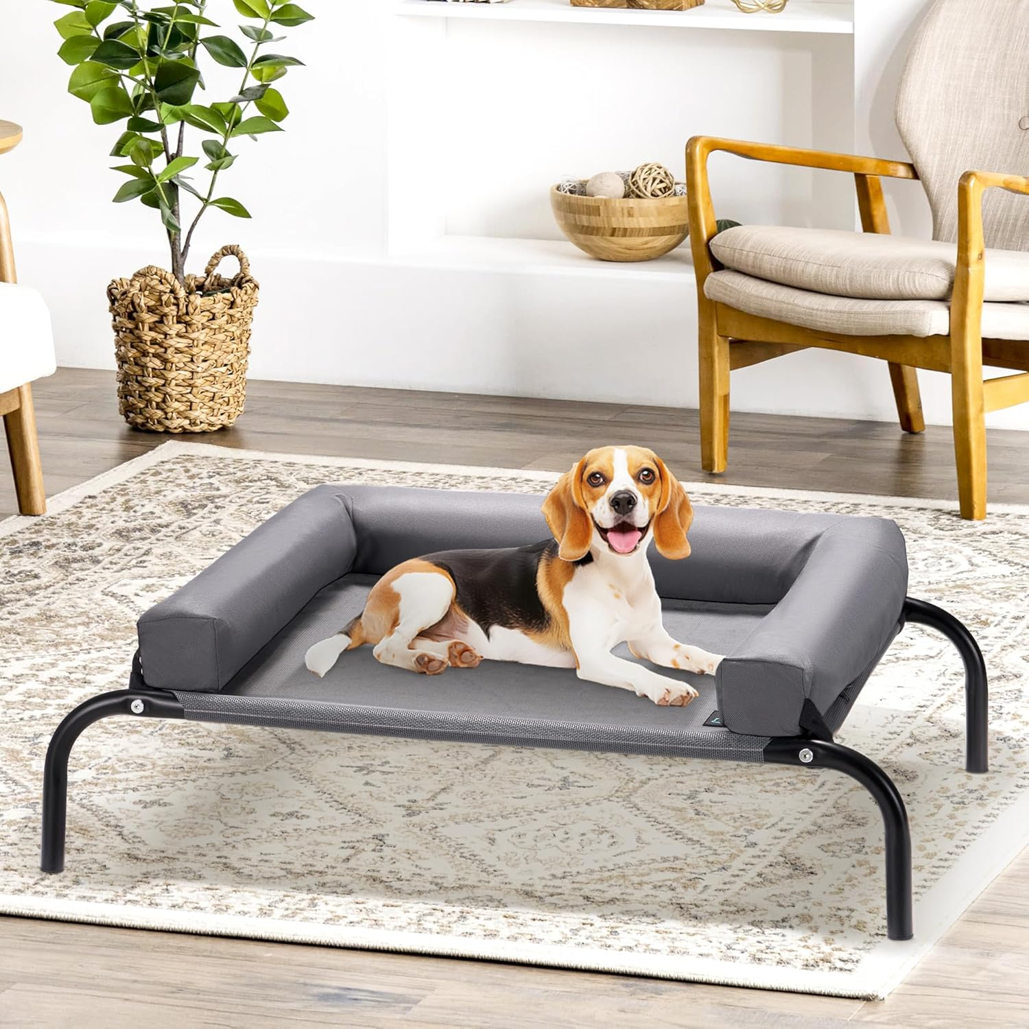 Elevated Cooling Dog Bed with Cushions, Raised Pet Cot for Small Medium Dogs, Portable & Machine-Washable, Non-Slip Rubber Feet, Indoor & Outdoor Use, Black, Medium(88X64X20Cm)