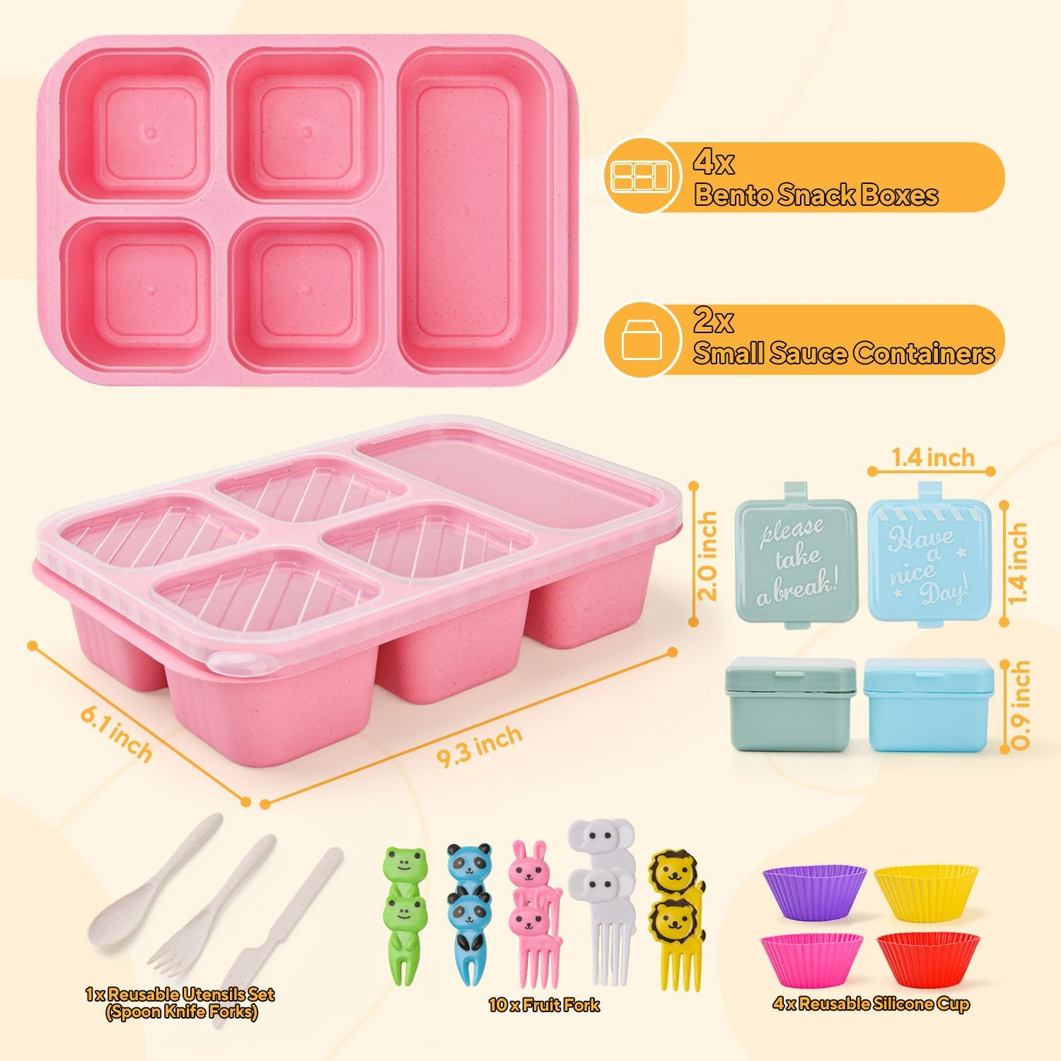 4 Pack Bento Snack Box, 5 Compartment Lunchable Snack Containers, Stackable Bento Lunch Boxes for Kids & Adults, Reusable Wheat Straw Meal Prep Lunch Containers for School，Work and Travel image number 6