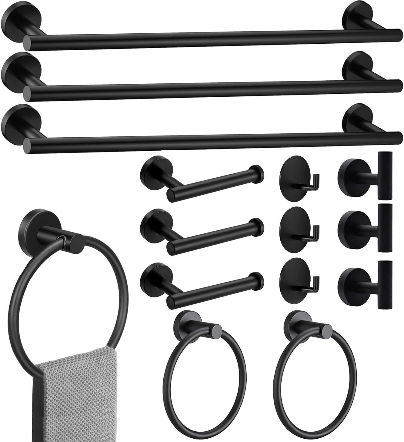 Toptowel 15Sets 23.6Inch Matte Black Bathroom Hardware Set, Include 3PCS 23.6Inch Towel Bar, 3PCS Towel Ring, 3PCS Toilet Paper Holder, 6PCS Robe Hook-Matte Black image number 3