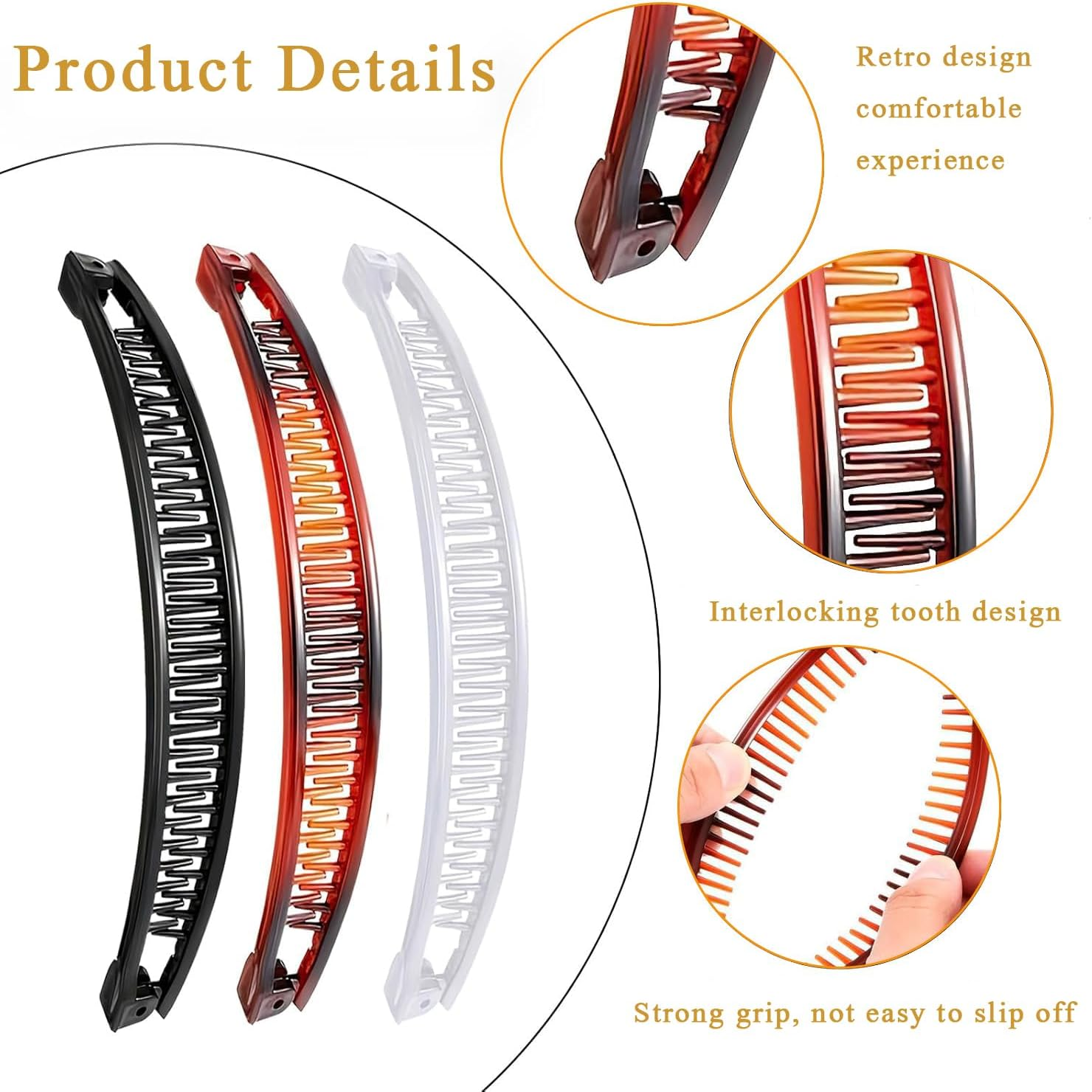 Pack of 3 Banana Clip Large, Banana Clip Hair Accessories, Fishtail Hair Combs Ponytail Banana Clips, Hair Accessory for Women and Girls, for Ponytail, (Brown, Black, White) image number 2