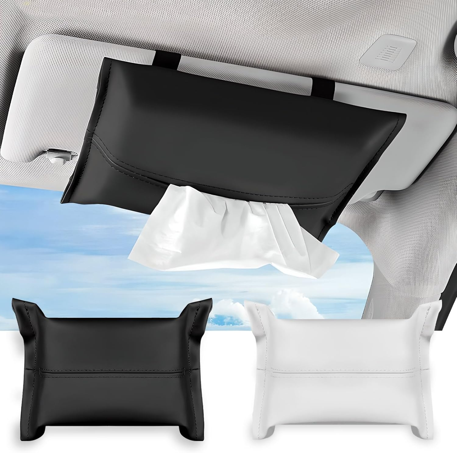 2Pcs Car Tissue Holder, Soft PU Leather Sun Visor Tissue Holder, Napkin Dispenser for Car (Black+White)