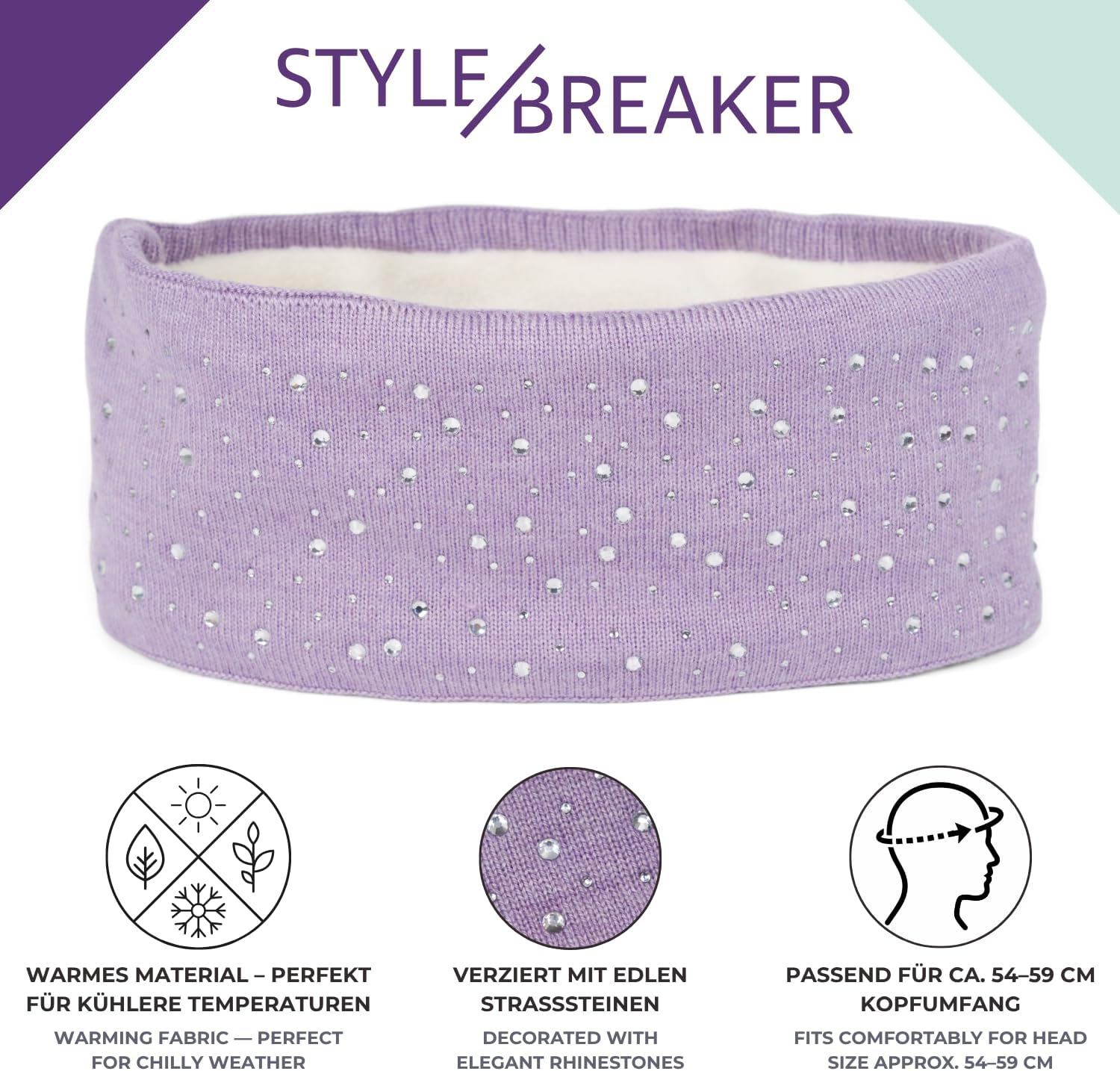 Stylebreaker Women'S Winter Headband with Rhinestones and Fleece Lining Warm Elastic Fine Knit Headband Lined Glitter Headband for Cold Days, Colour: Petrol Blue image number 6