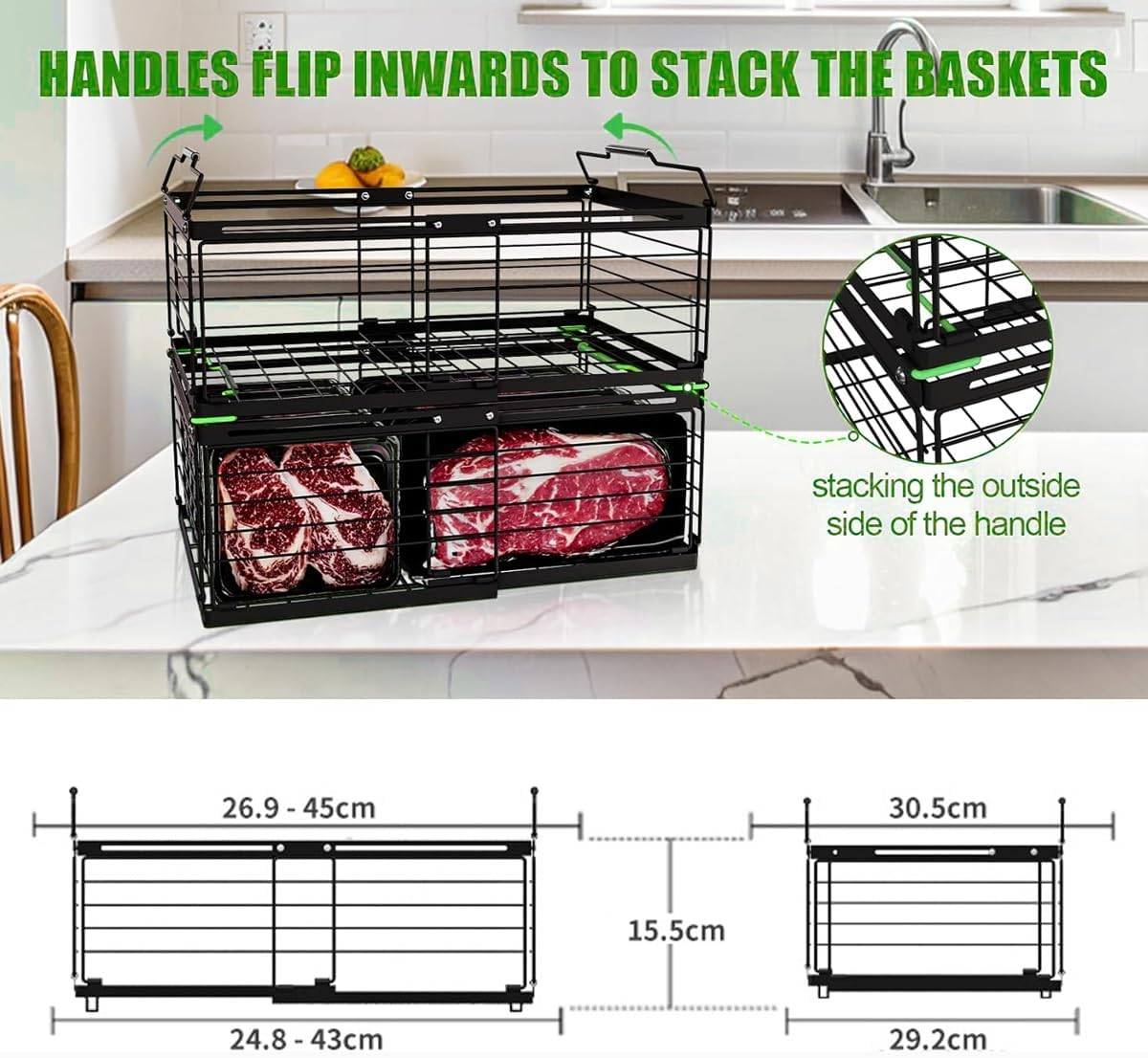 Blissify 2 Pack Expandable Freezer Basket, Stackable Large Freezer Organiser, Deep Chest Freezer Organizer Bins with Foldable Handles for Sorting Frozen Meats and Food, Black image number 2