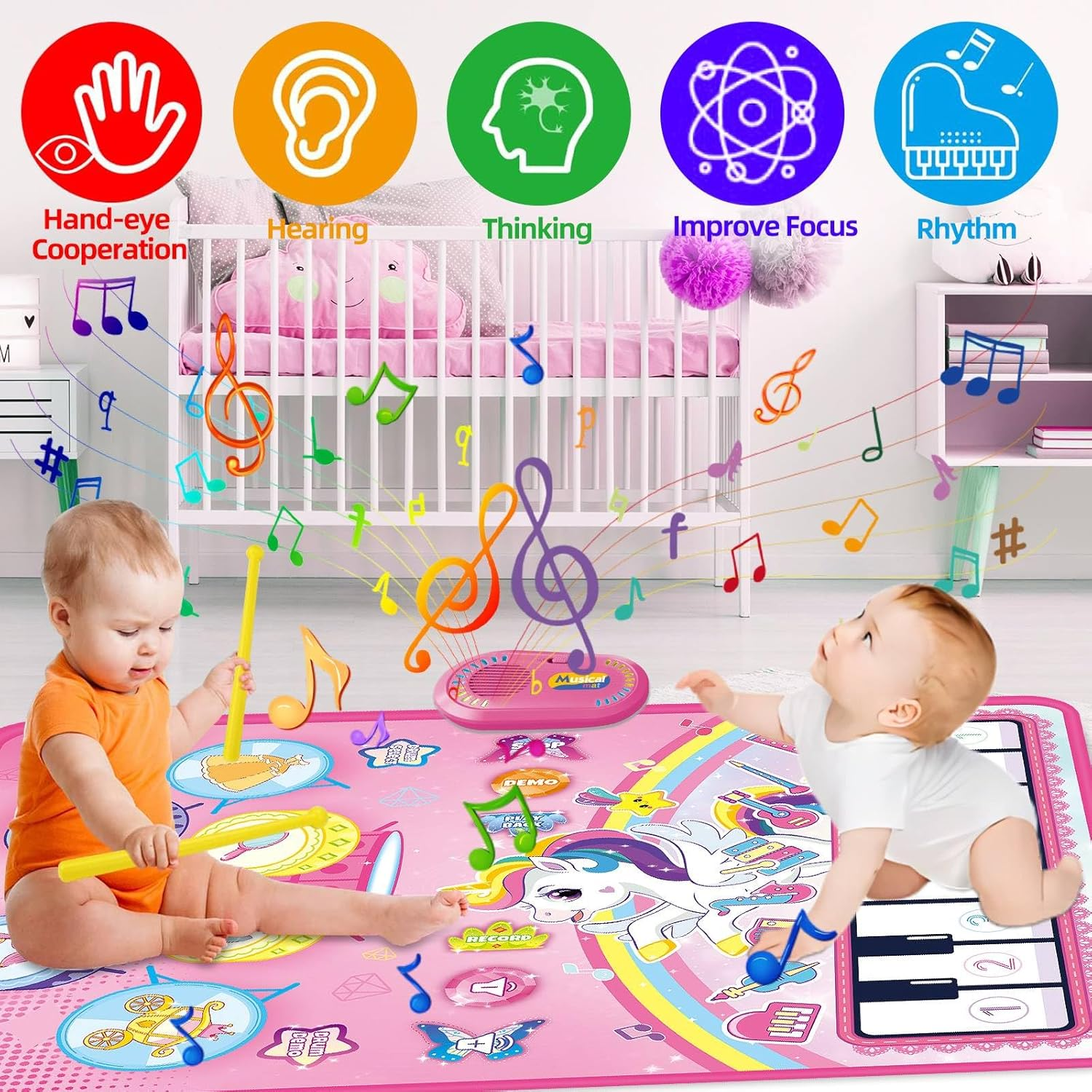 Piano Drum Kids Play Mat, Unicorn Piano Keyboard & Drum Set with Drums Sticks, Musical Mat Toys for Kids, Musical Instruments Montessori Toy for 3 4 5 6 Years Old Boy Girl Birthday Gift image number 2