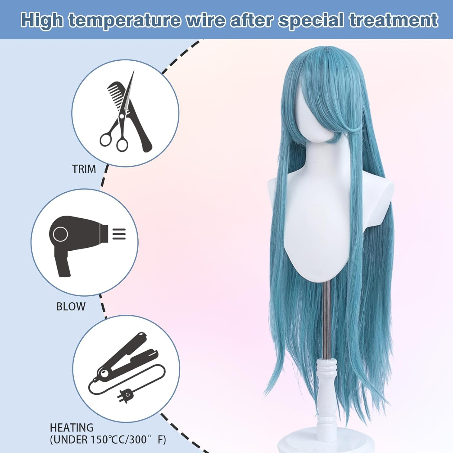 100 Cm Long Wig, Universal Anime Costume Cosplay Wig, Perfect for Party, Daily Use, Festivals and Halloween, Ideal for TV, Film, Anime Character Cosplay (Teal) image number 6