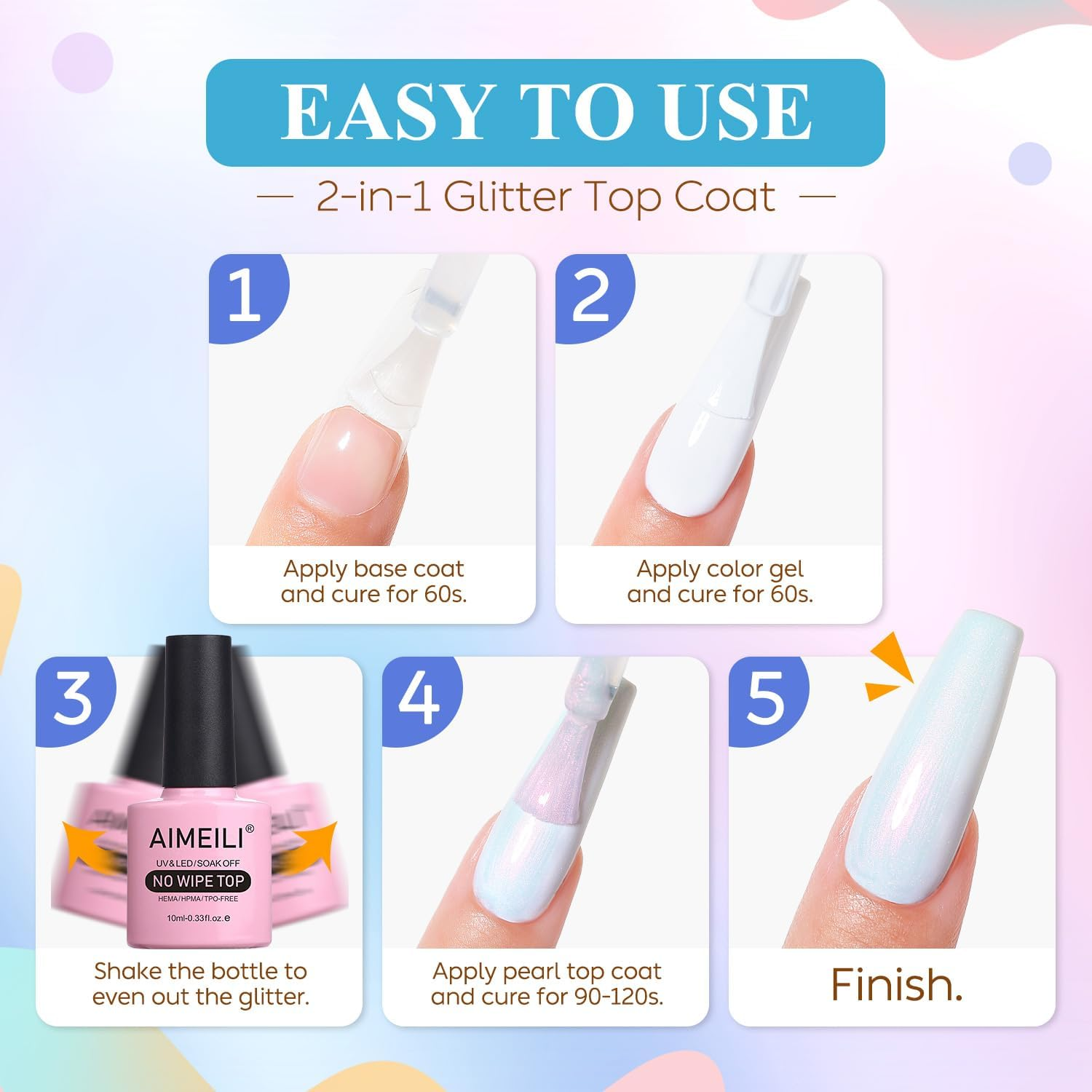 AIMEILI Hema Free Gel Nail Polish Pearl Top Coat 6 Color Set, Cruelty Free, Vegan, 2 in 1 Pearlescent Glitter Glossy Shiny No Wipe Gel Top Coat