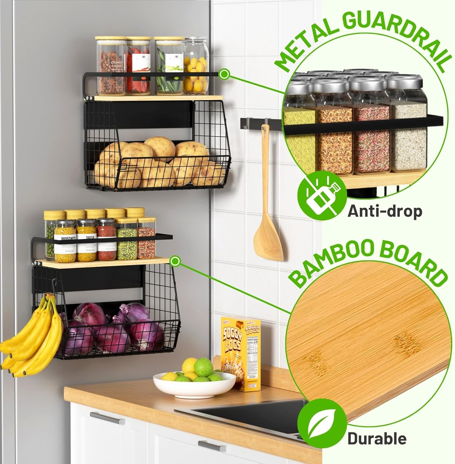 Magnetic Shelf for Fridge with Wood Lid, Fruit Potato and Onion Storage Bins, Pantry Organizers & Storage, Large Container Magnetic Spice Rack for Refrigerator, Kitchen Counter, Cabinet image number 5