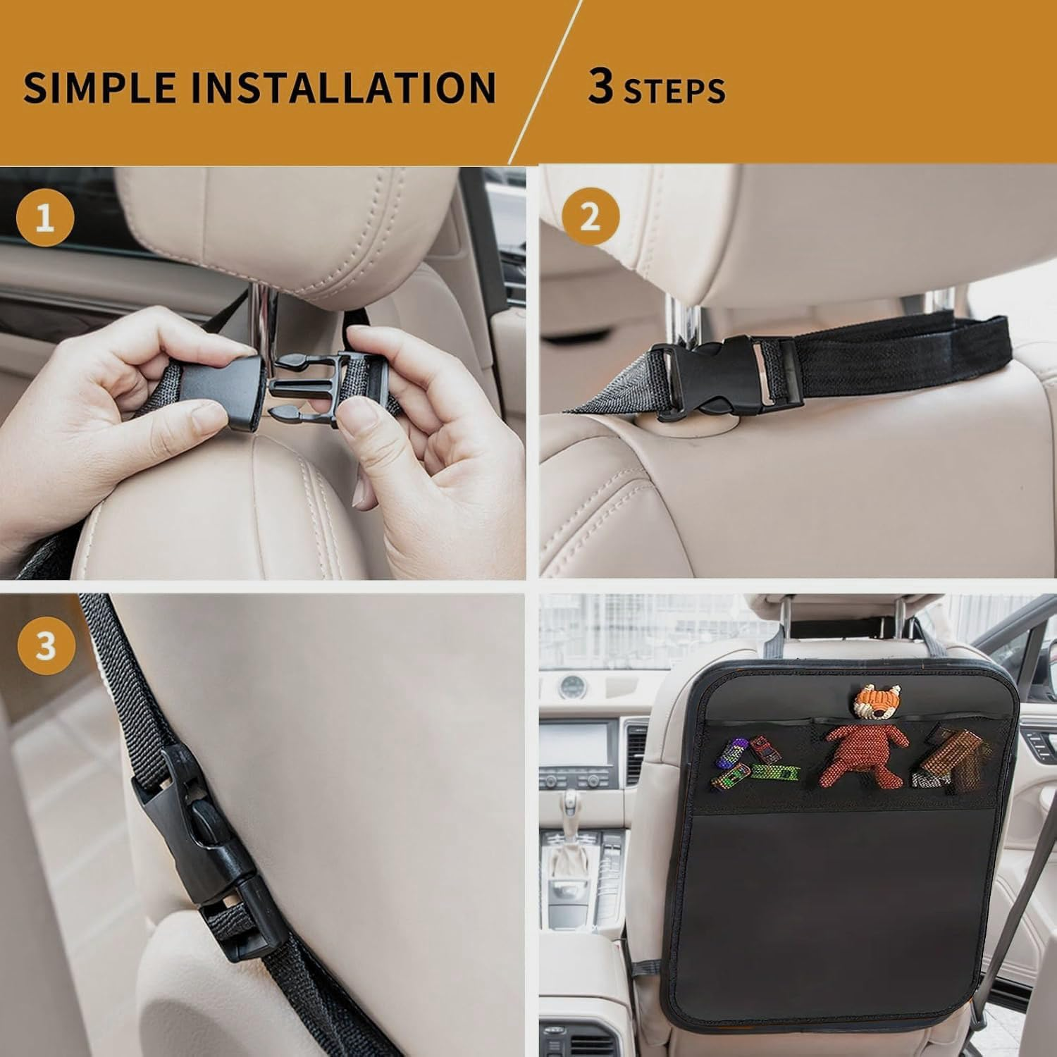 2 Pack Kick Mat Seat Protector,Back Car Seat Organiser X-Large 70 X 50Cm,Car Storage Organizer Backseat Protectors,3 Pocket Seat Back Kick Mats Cover for Car, SUV, Minivan or Truck Seats image number 4