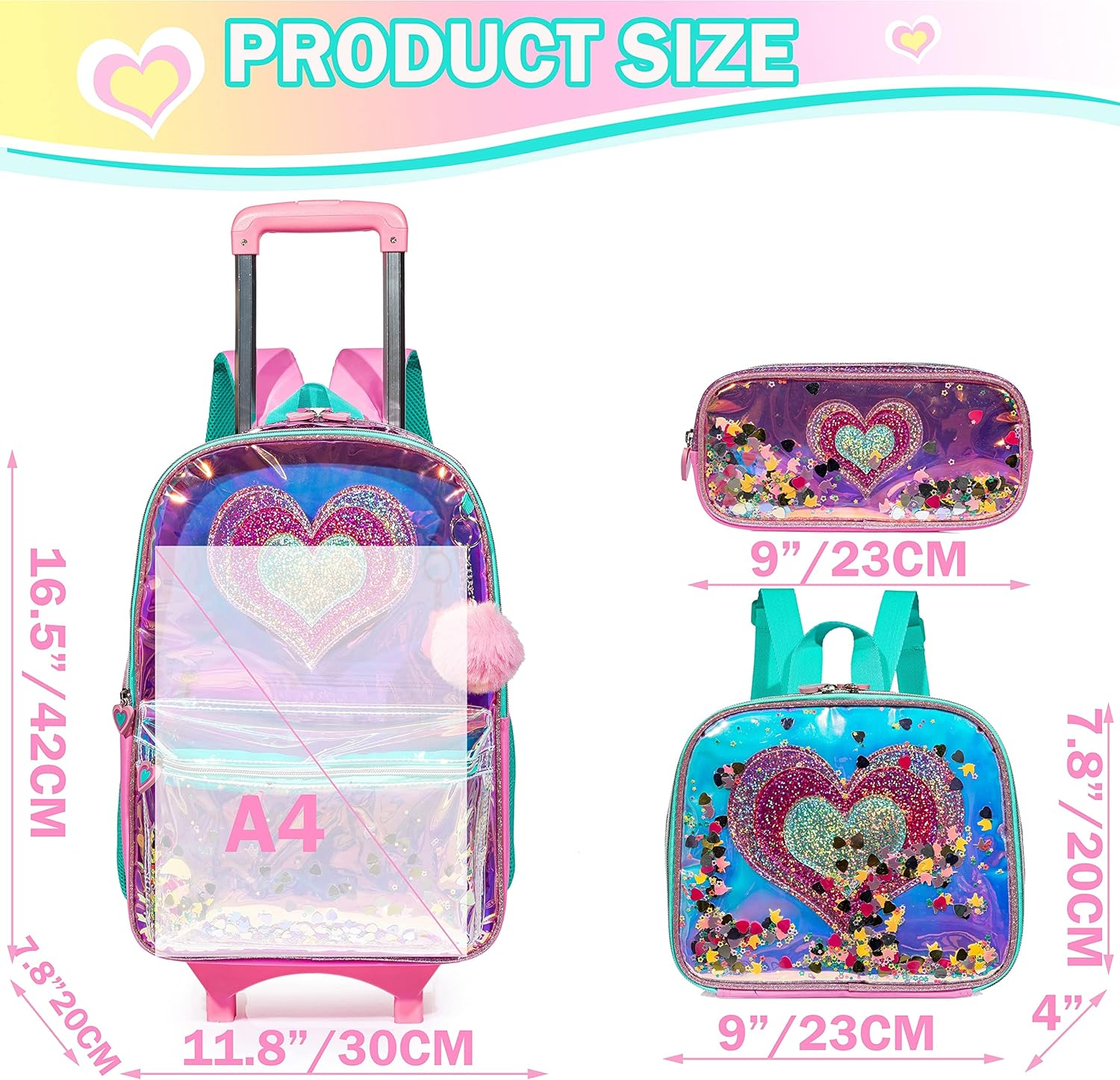 Meetbelify Rolling Backpacks for Girls School Bags with Wheels Pencil Case Lunch Bag