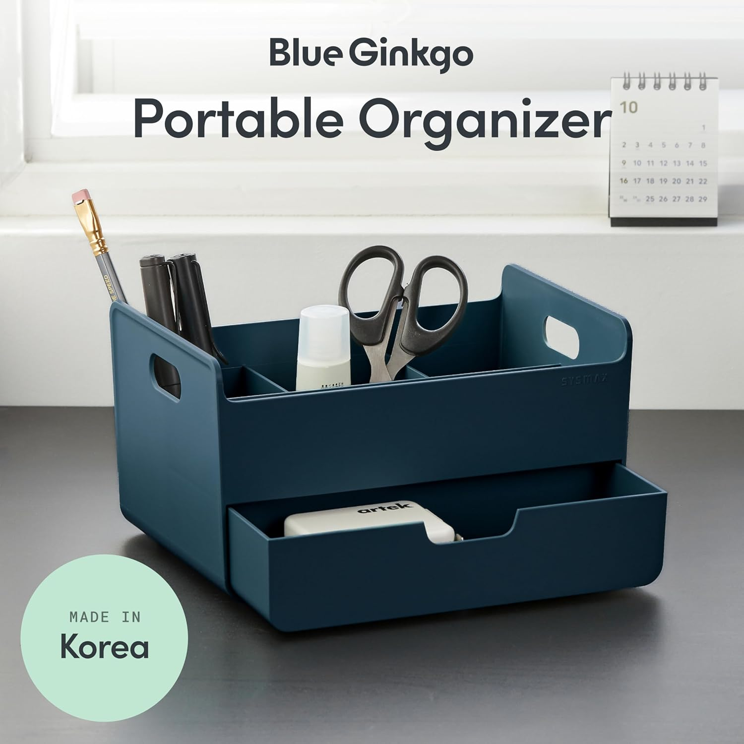 BLUE GINKGO Portable Desk Organizer &ndash; Compact 3 Compartment, Half-Drawer Storage &ndash; Pen Holder, Stationery Desktop Organizer for Office, Makeup, Crafts (Made in Korea, Blue) image number 4